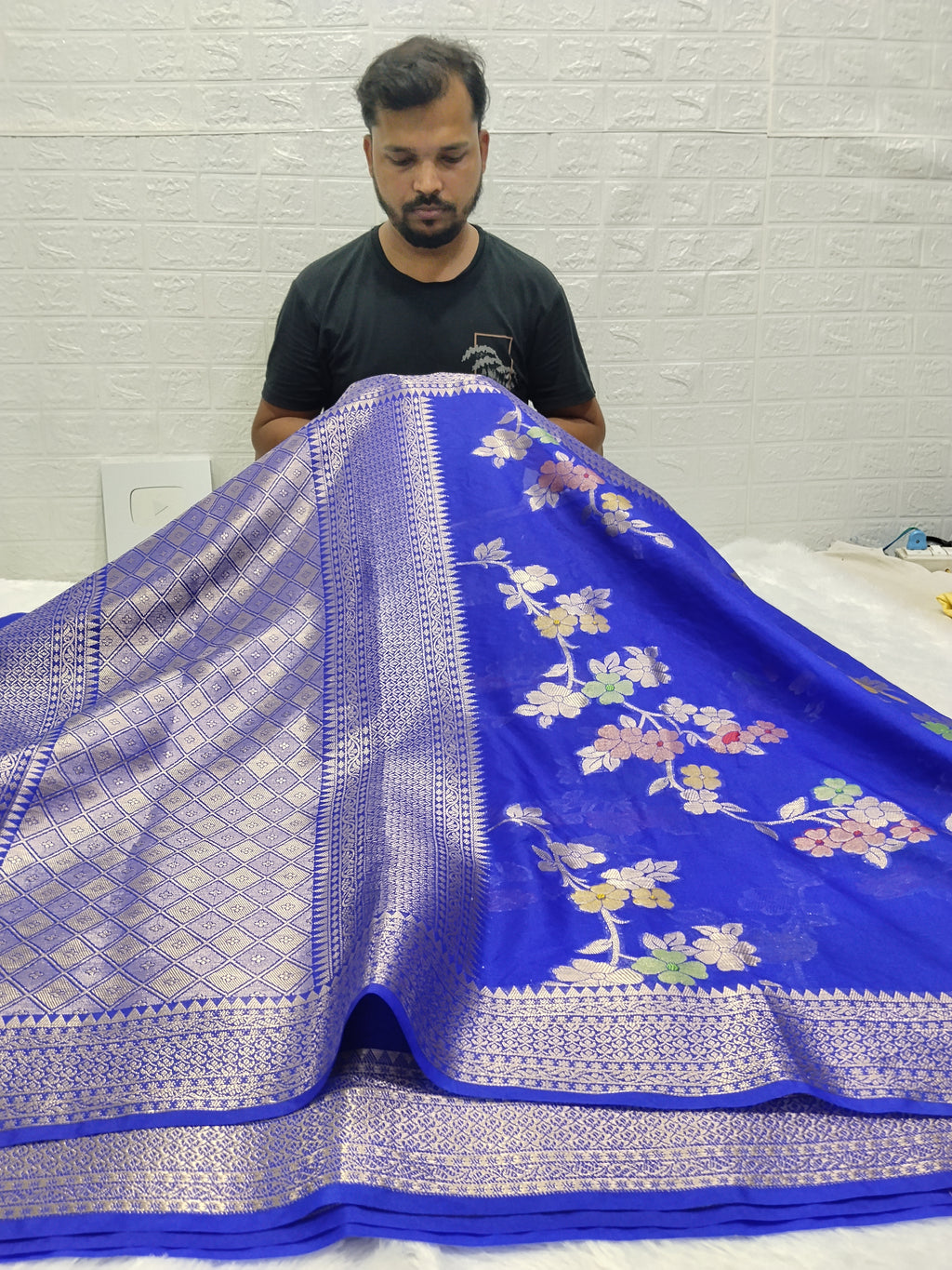 Royal Blue Colour Zari Buti Khaddi Georgette Saree