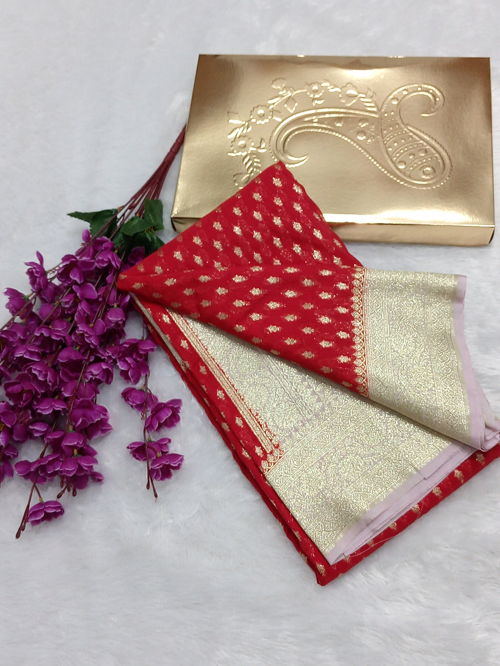 Red And Light Pink Zari Buti Georgette Saree