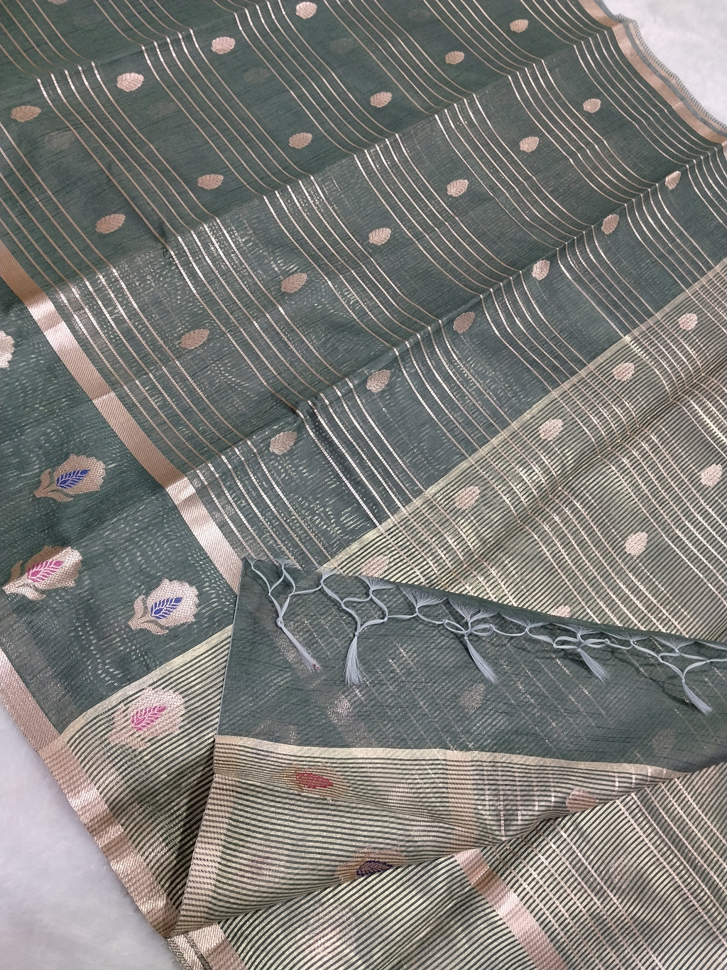 Grey Colour Banarasi Fancy Cotton Silk Saree With Strips Pallu And Blouse