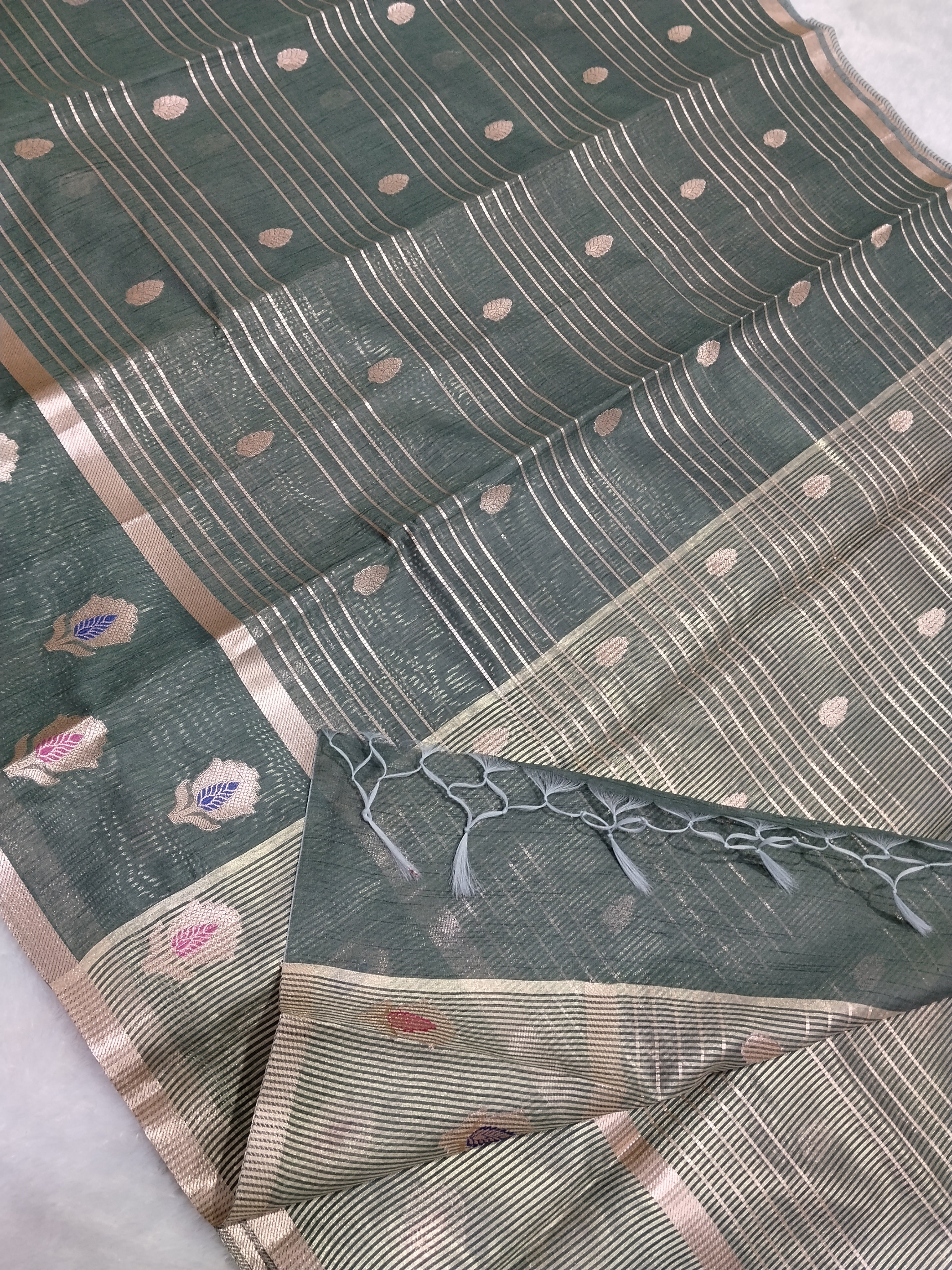 Grey Colour Banarasi Fancy Cotton Silk Saree With Strips Pallu And Blouse