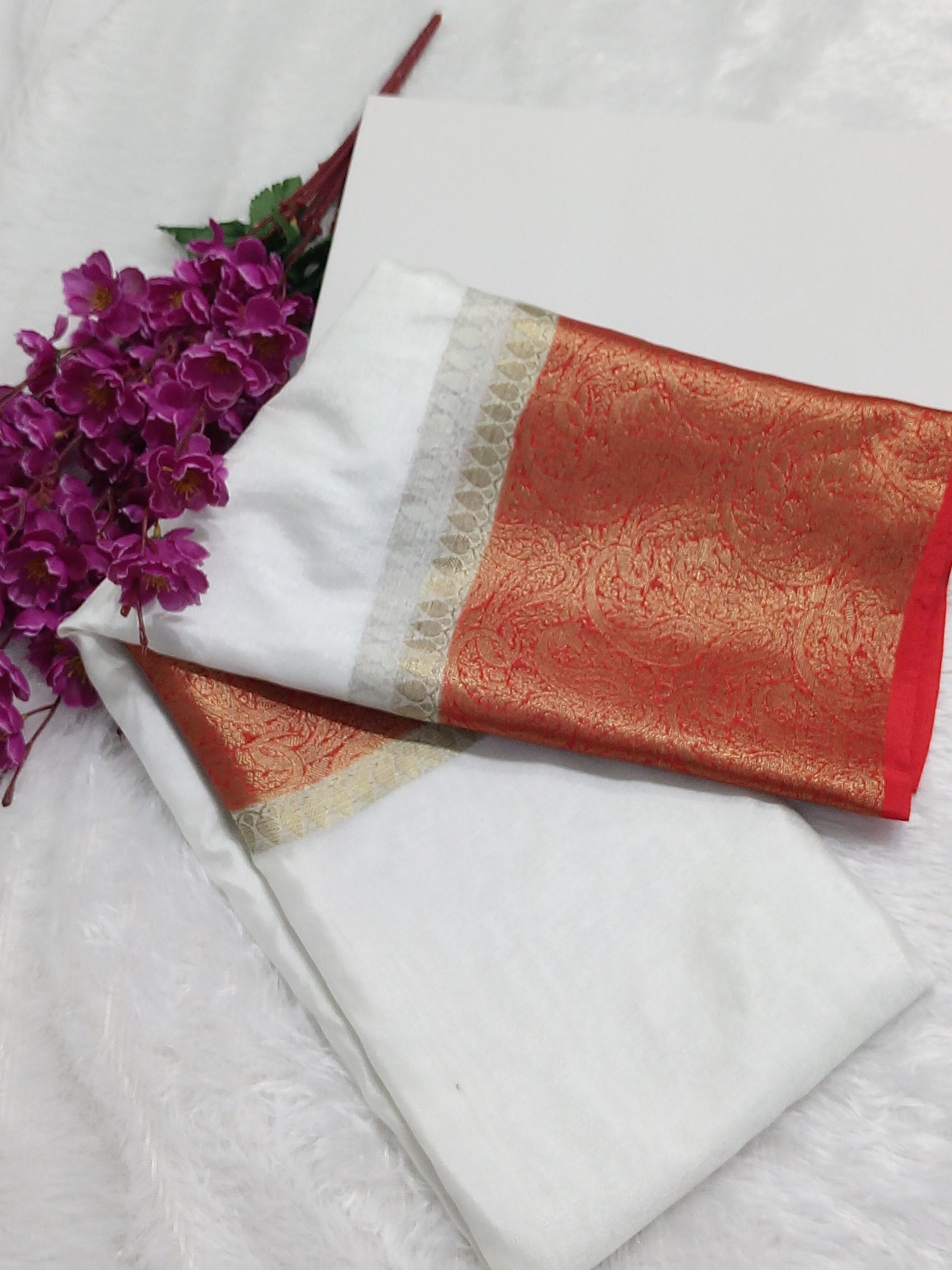Red And White Banarasi Warm Silk Saree