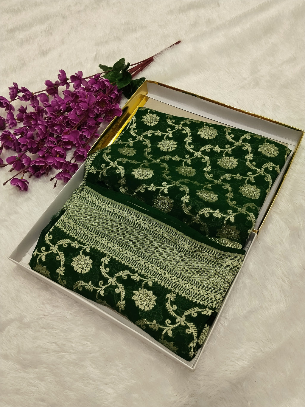 Bottle Green Colour Handloom Pure Banarasi Khaddi Georgette Saree Water Zari