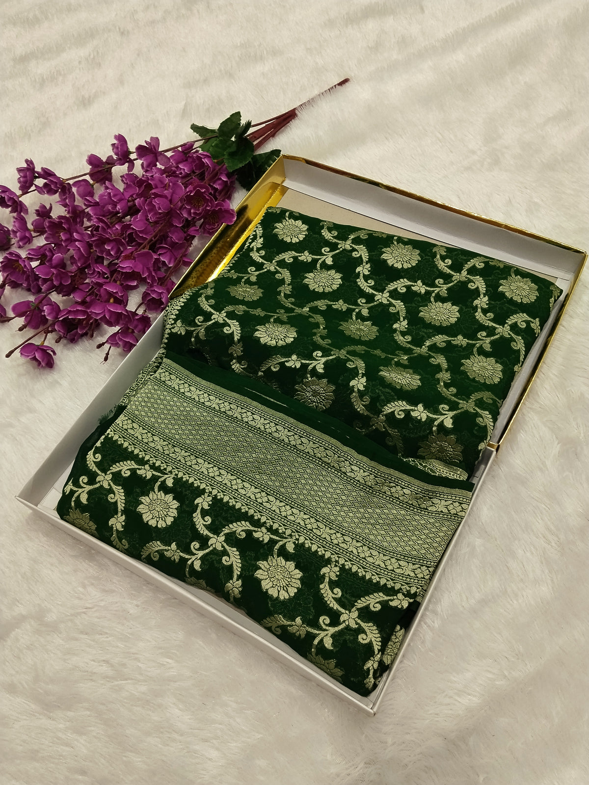 Bottle Green Colour Handloom Pure Banarasi Khaddi Georgette Saree Water Zari