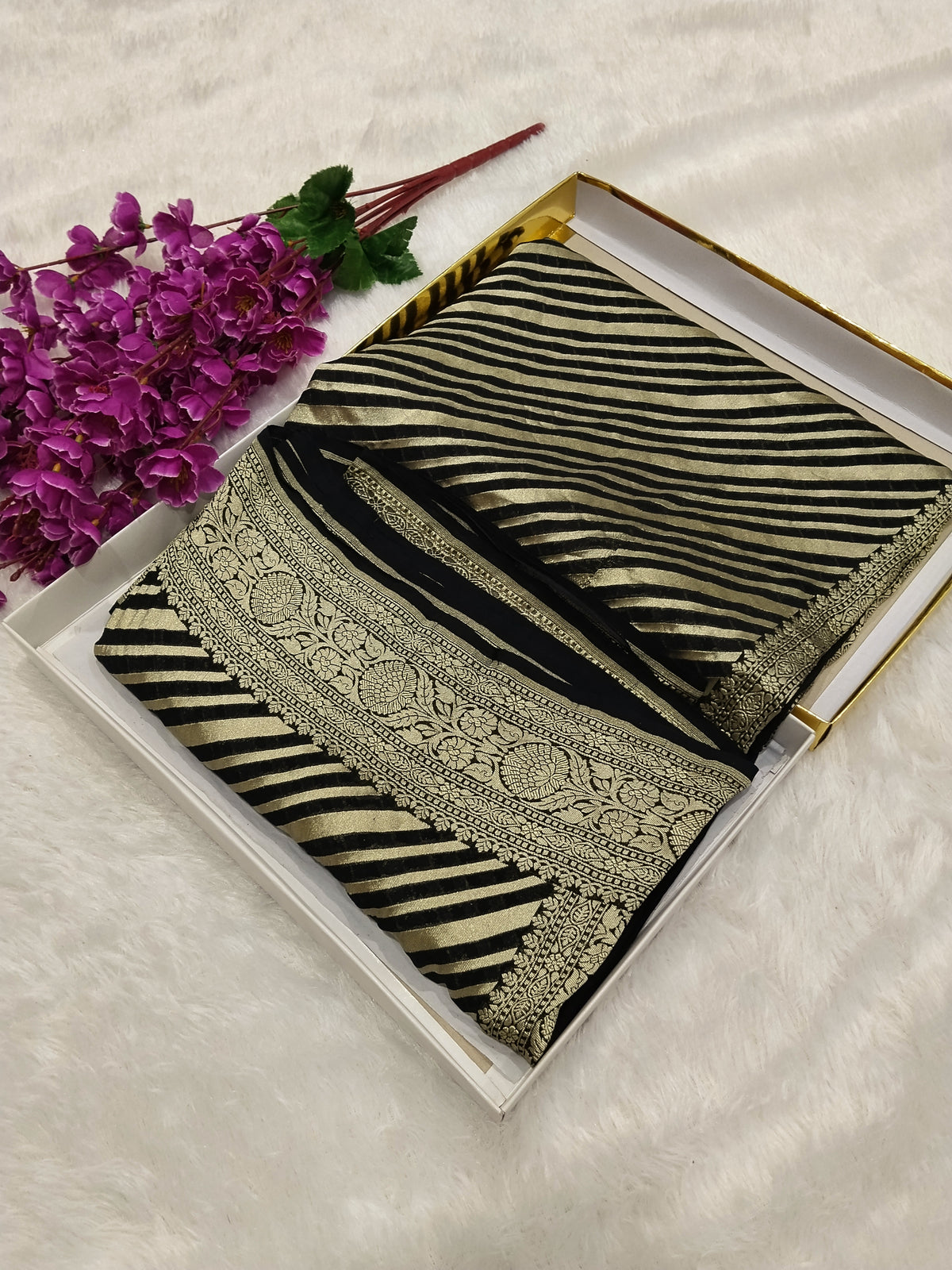 Jet Black Colour Handloom Pure Banarasi Khaddi Georgette Saree Water Zari