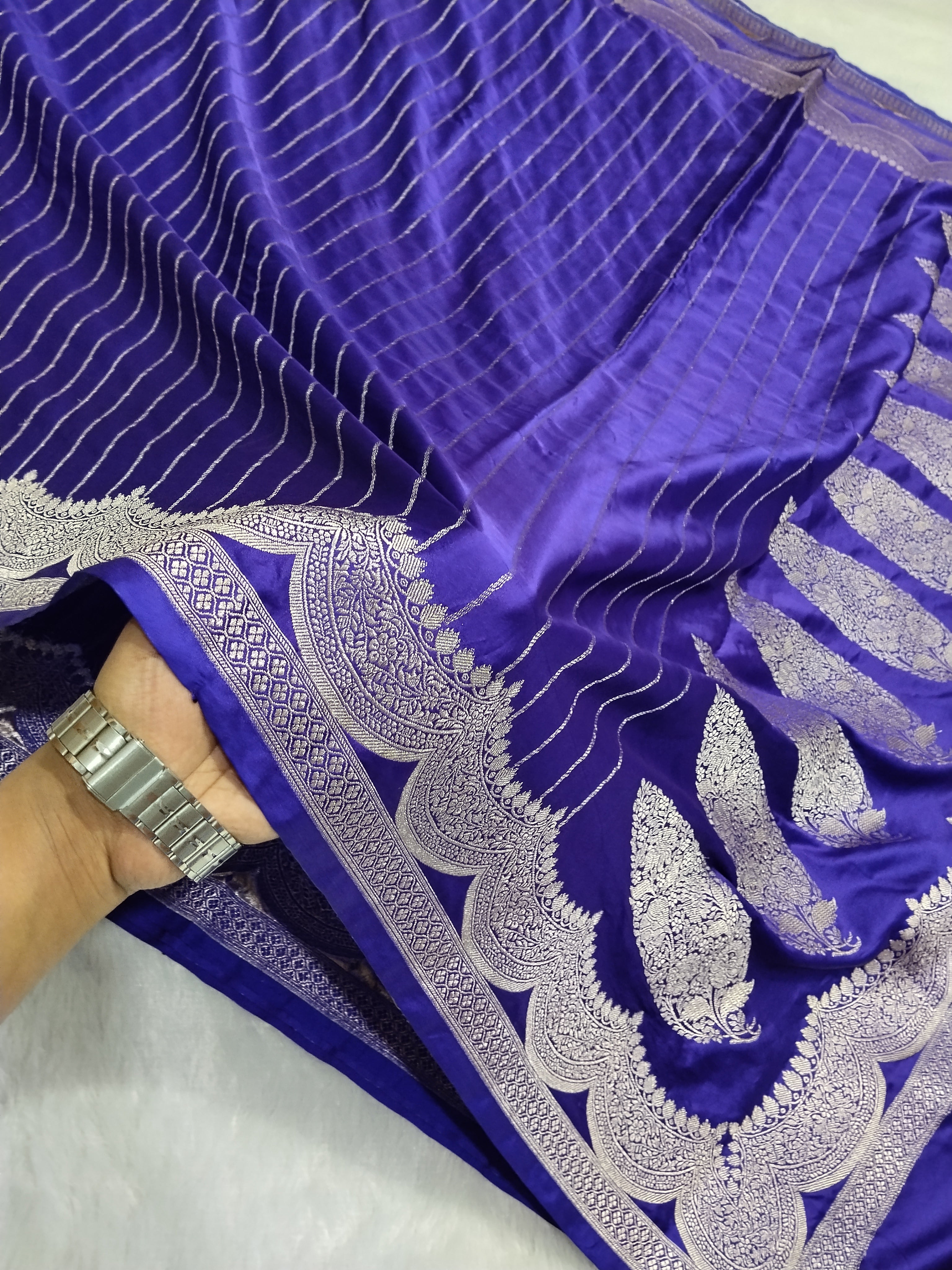 Violet Colour Banarasi Mashru Silk Saree With Strip Design