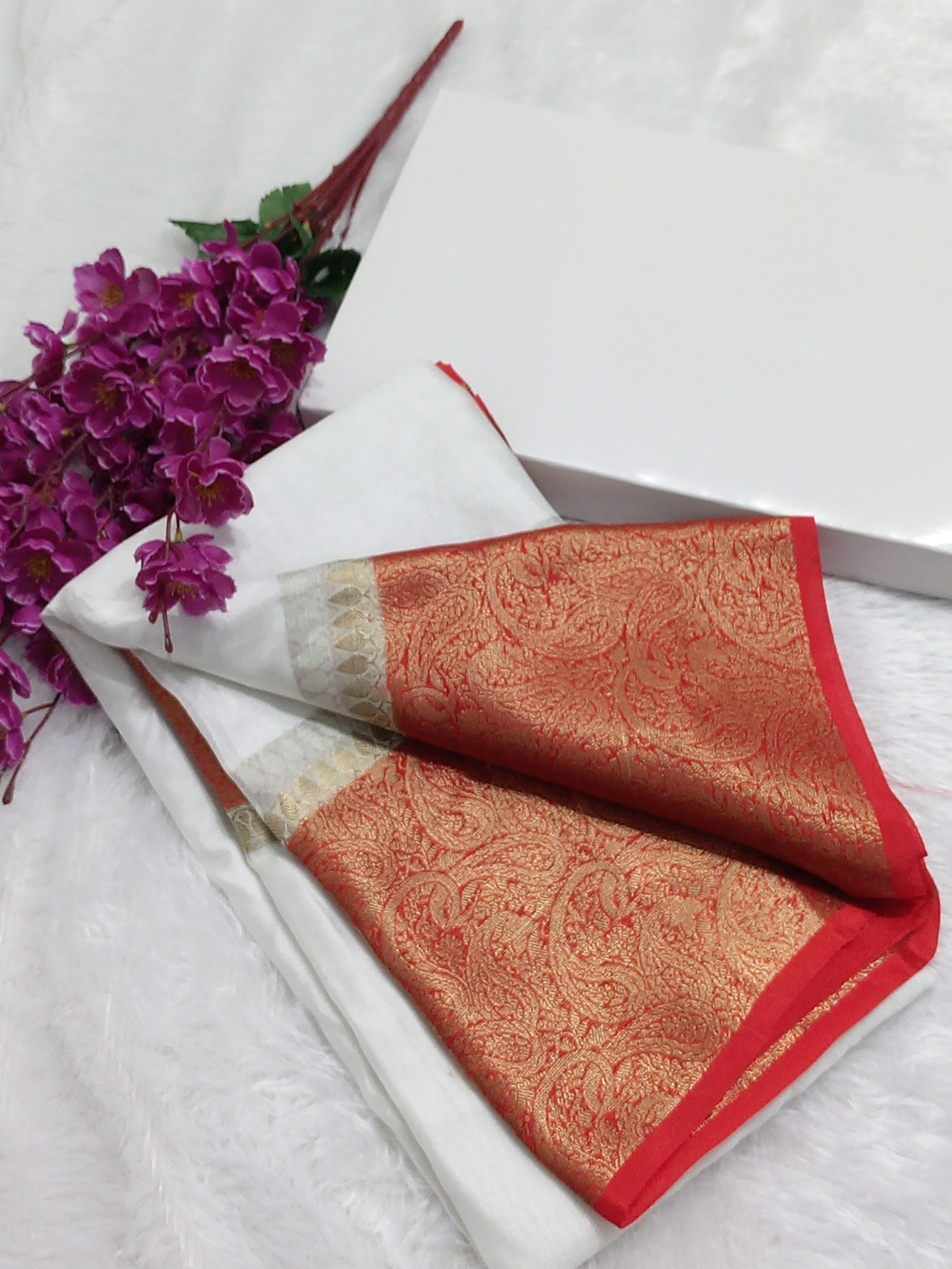 Red And White Banarasi Warm Silk Saree