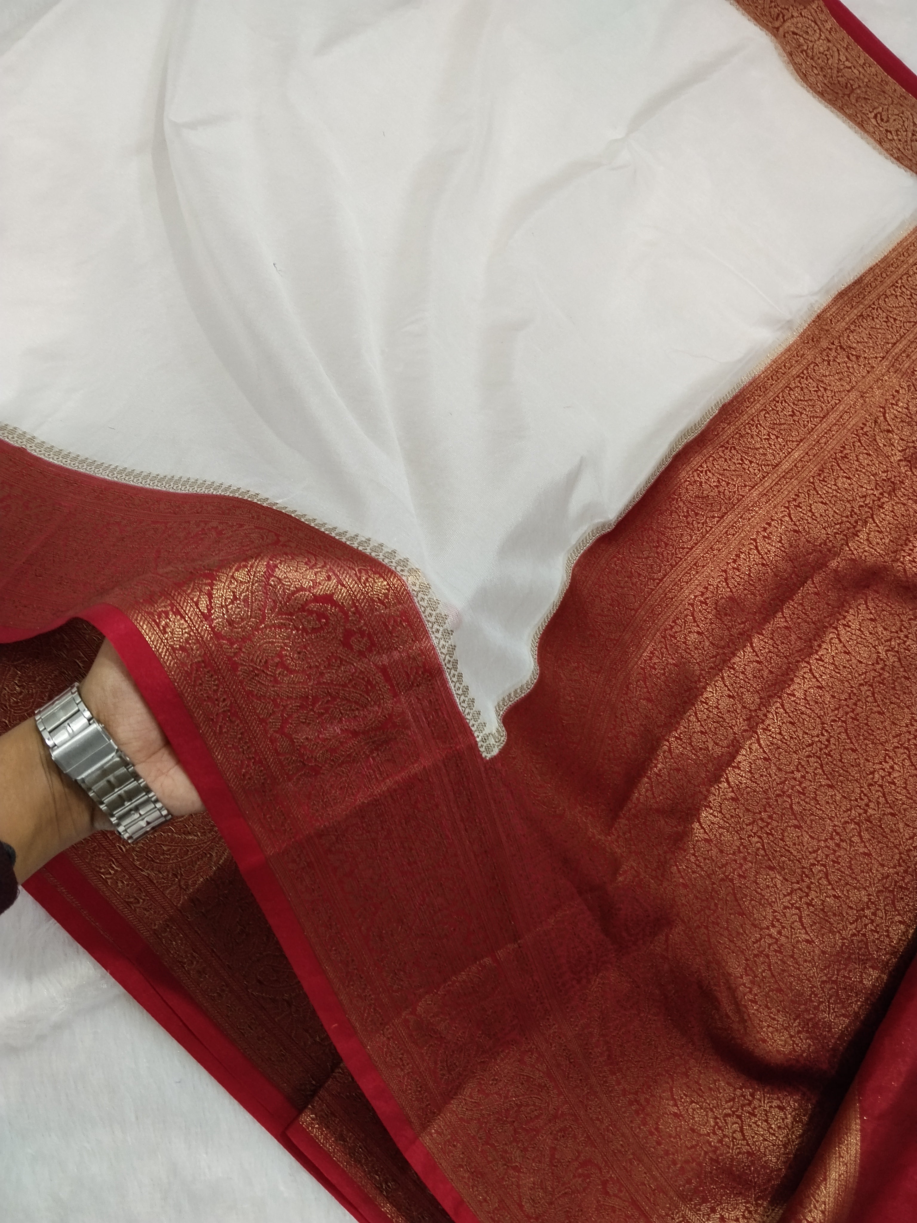 Maroon And White Pooja Special Banarasi Soft Silk Saree