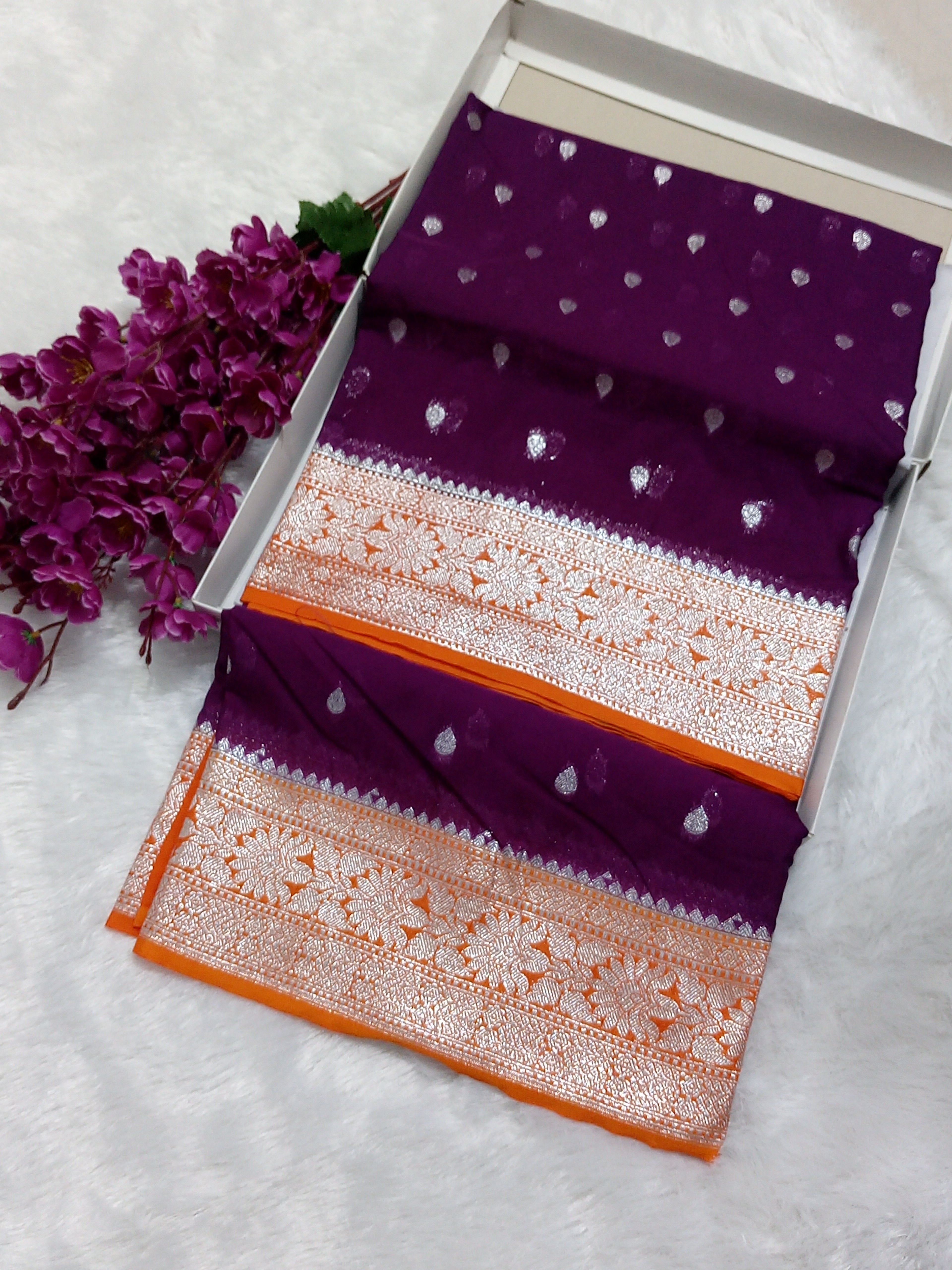 Silver Zari Soft Banarasi Semi Georgette Saree