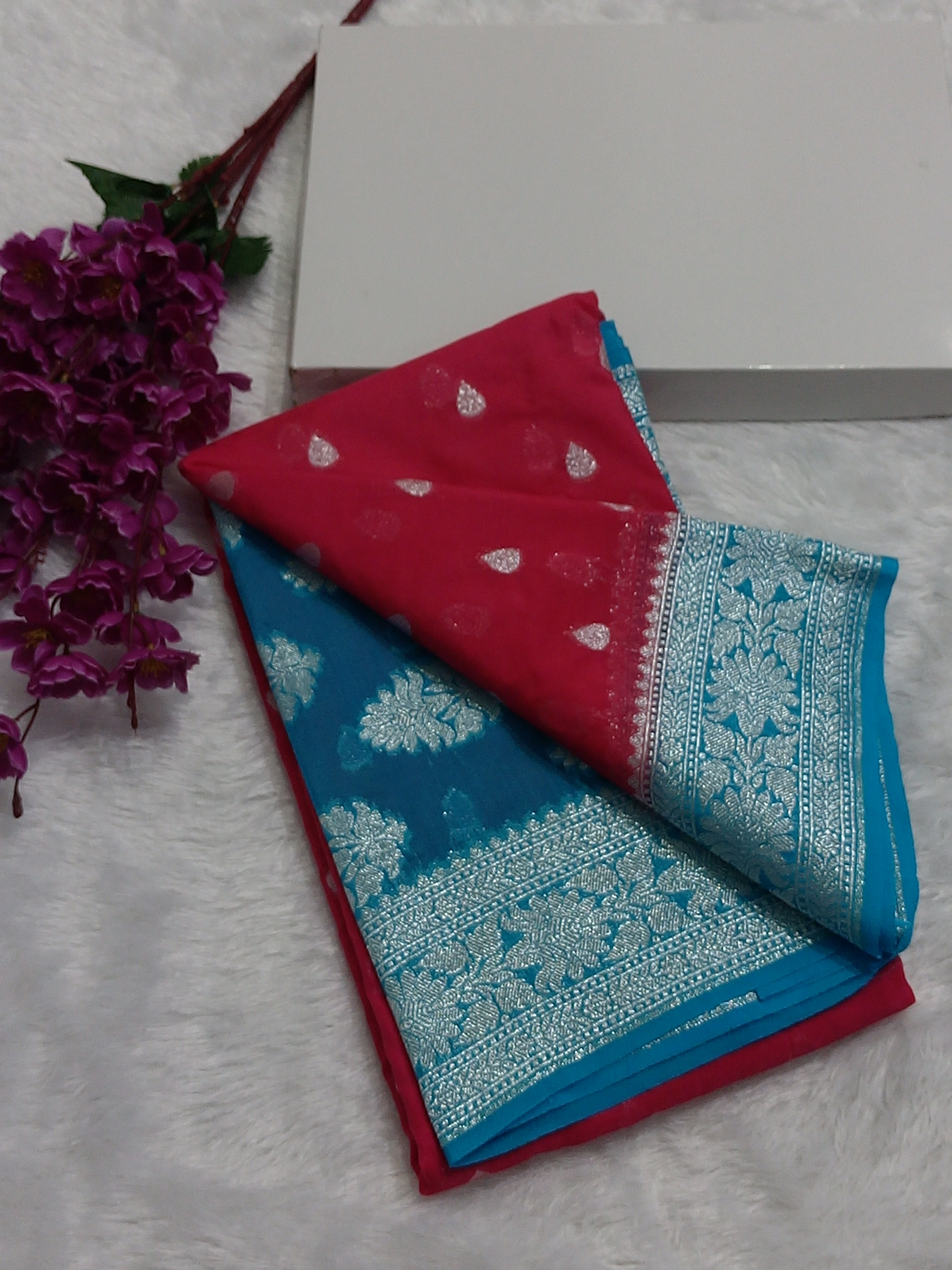 Red And Blue Colour Zari Buti Khaddi Georgette Saree