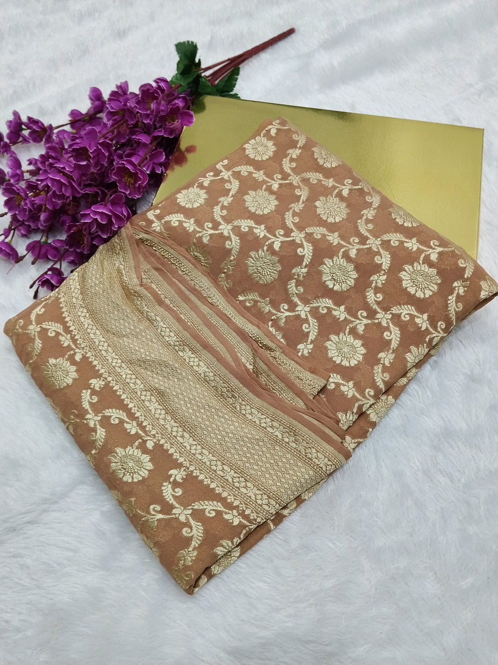 Dark Peach Colour Handloom Pure Banarasi Khaddi Georgette Saree Water Zari
