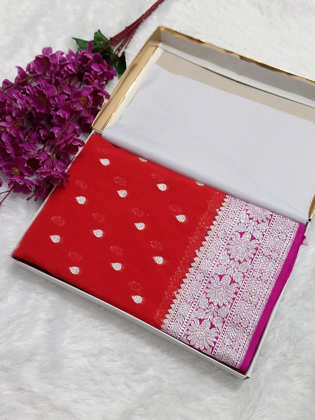 Red And Pink Banarasi Katan Georgette Saree