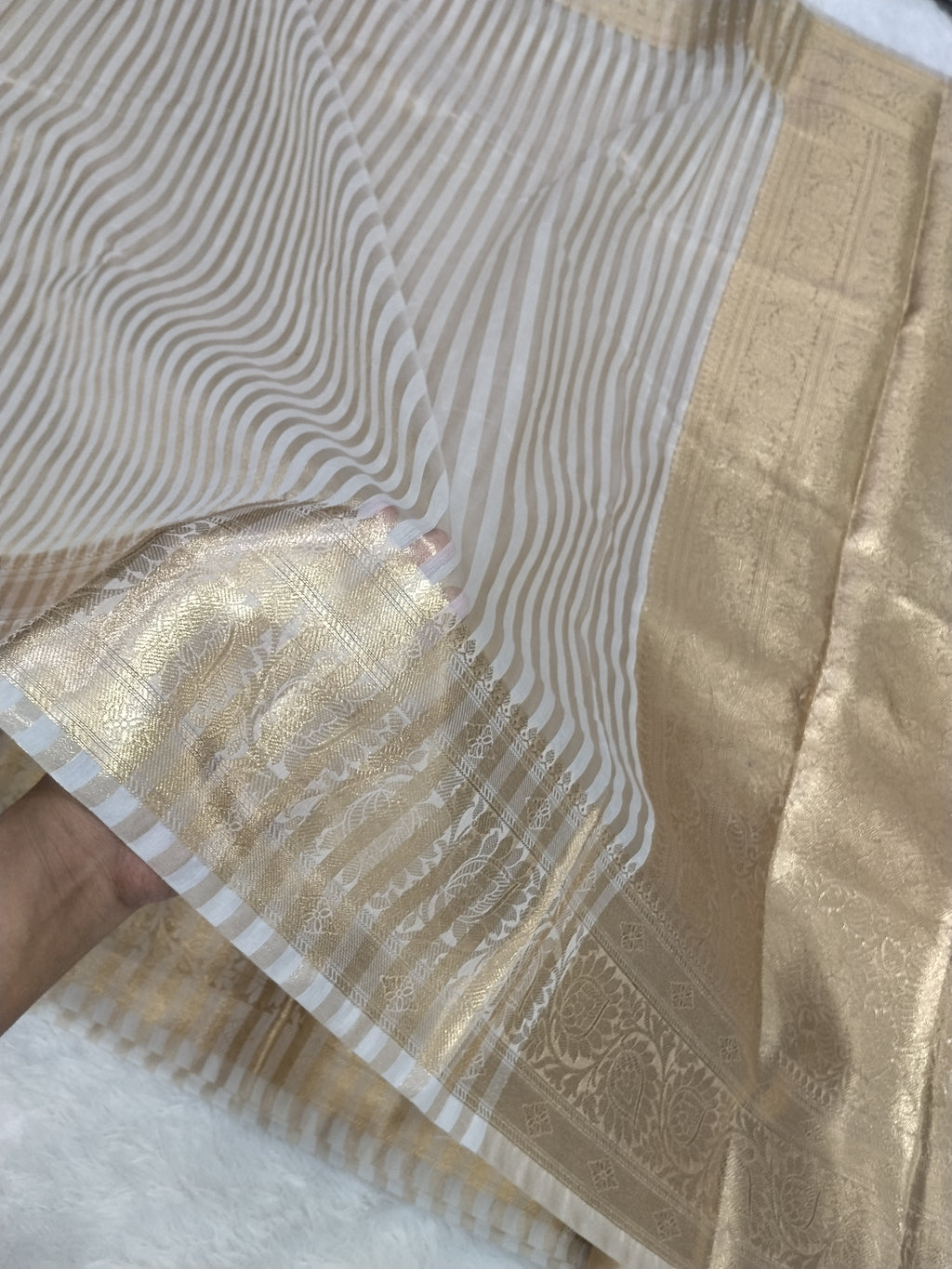 Off White Banarasi Fancy Cotton Saree With Strip Zari And Brocade Blouse