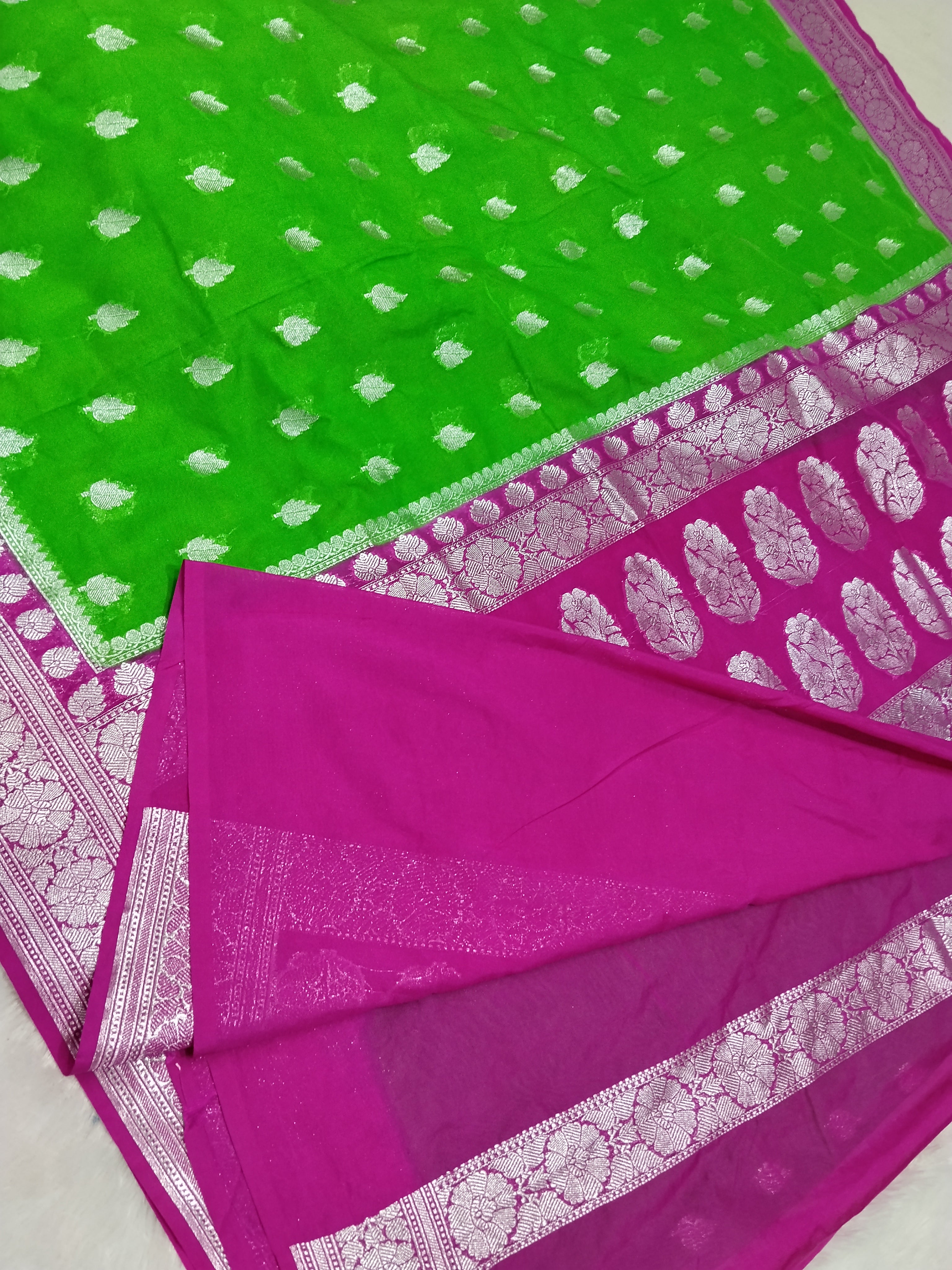 Parrot Green And Pink Colour Zari Buti Khaddi Georgette Saree
