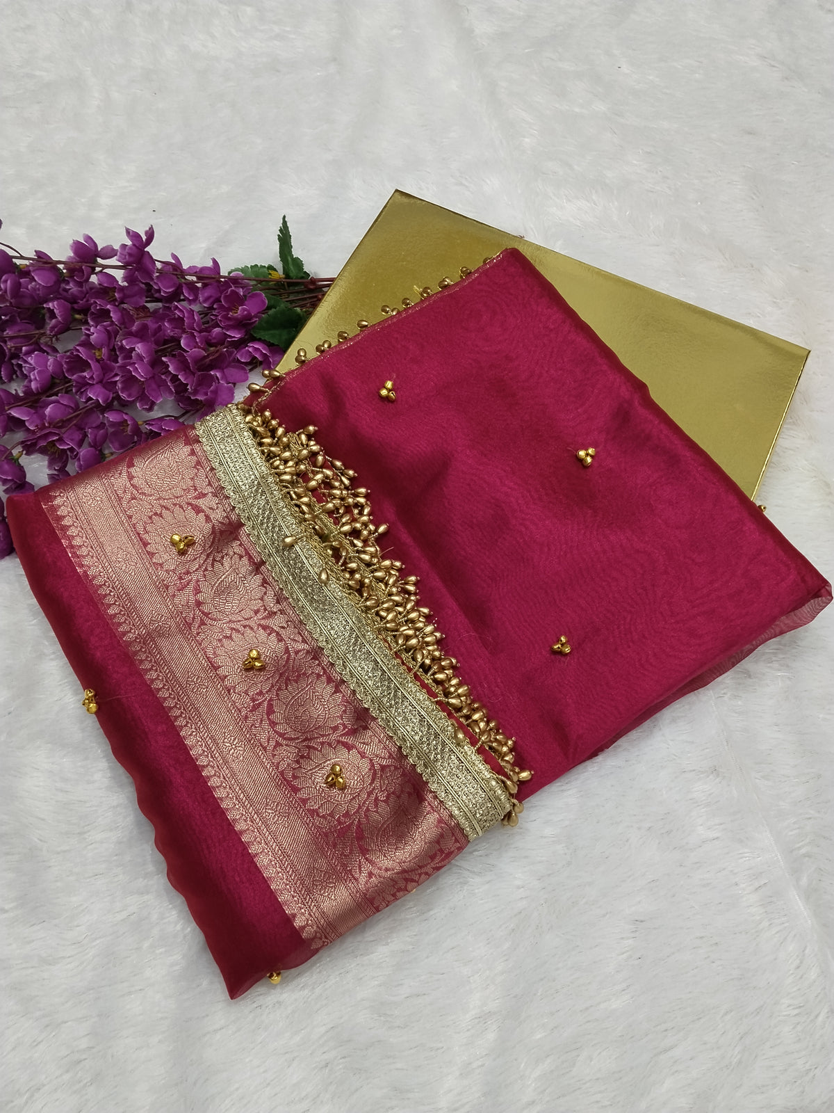 Viral Ghungroo Saree Gulabi Pink Colour Tissue Plain Body Saree With Ghungroo And Gota Patti Work