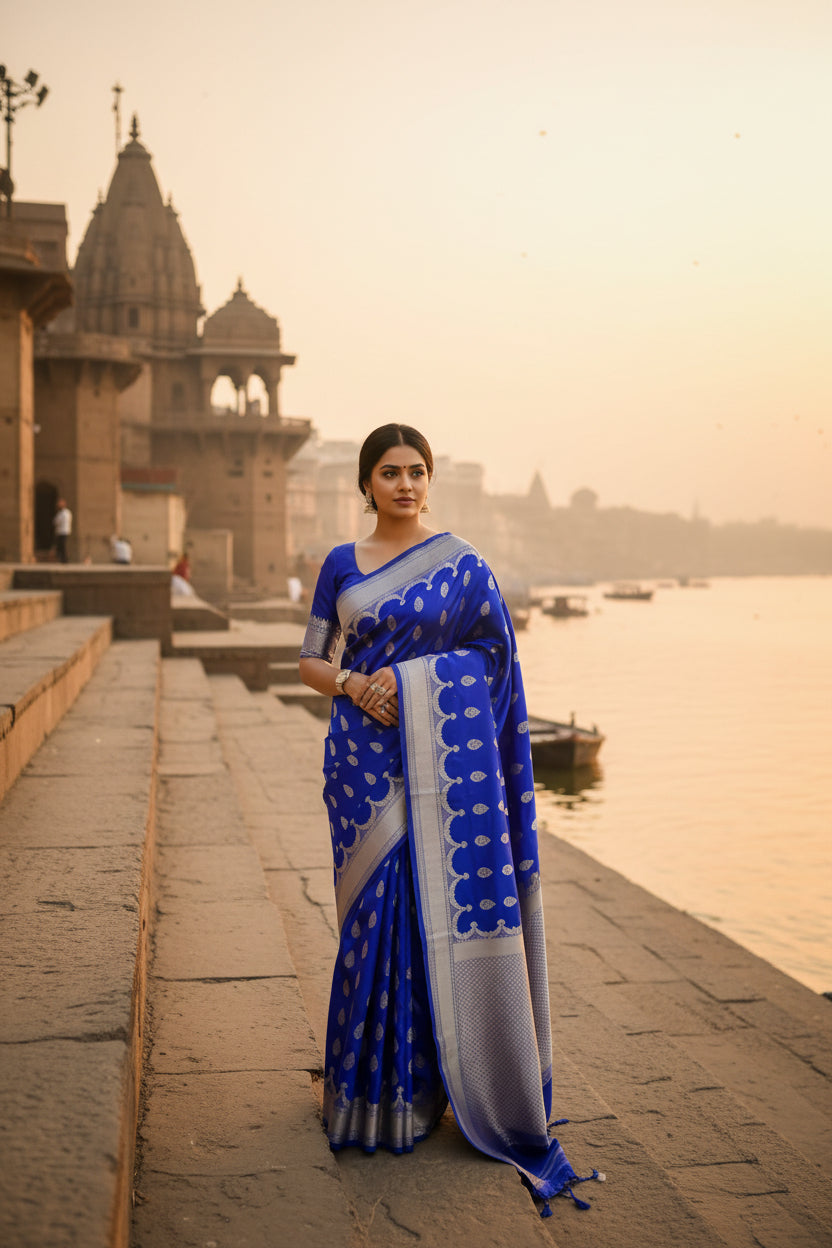 Royal Blue Colour Banarasi Mashru Silk Saree With Buta Design