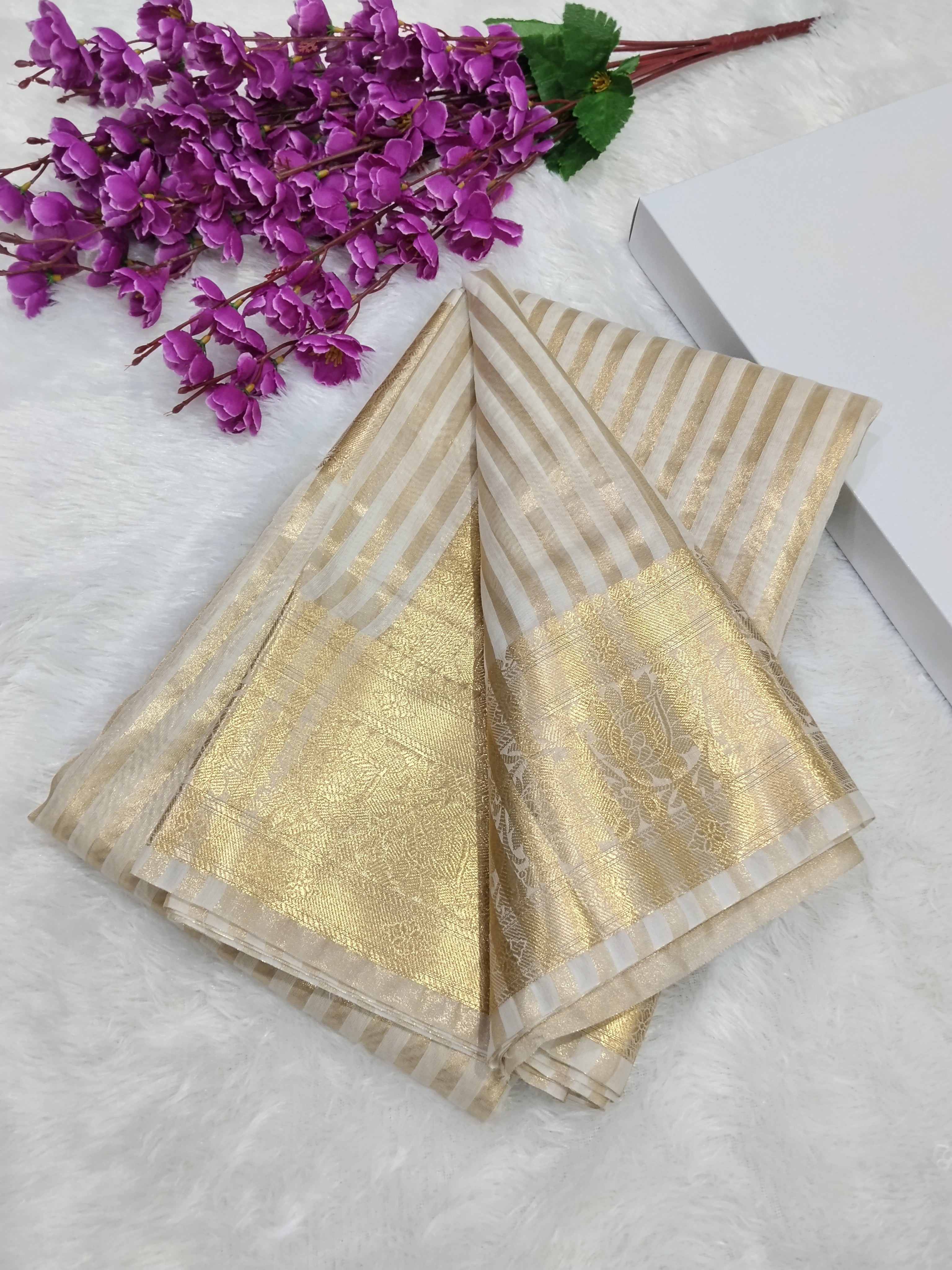 Off White Banarasi Fancy Cotton Saree With Strip Zari And Brocade Blouse