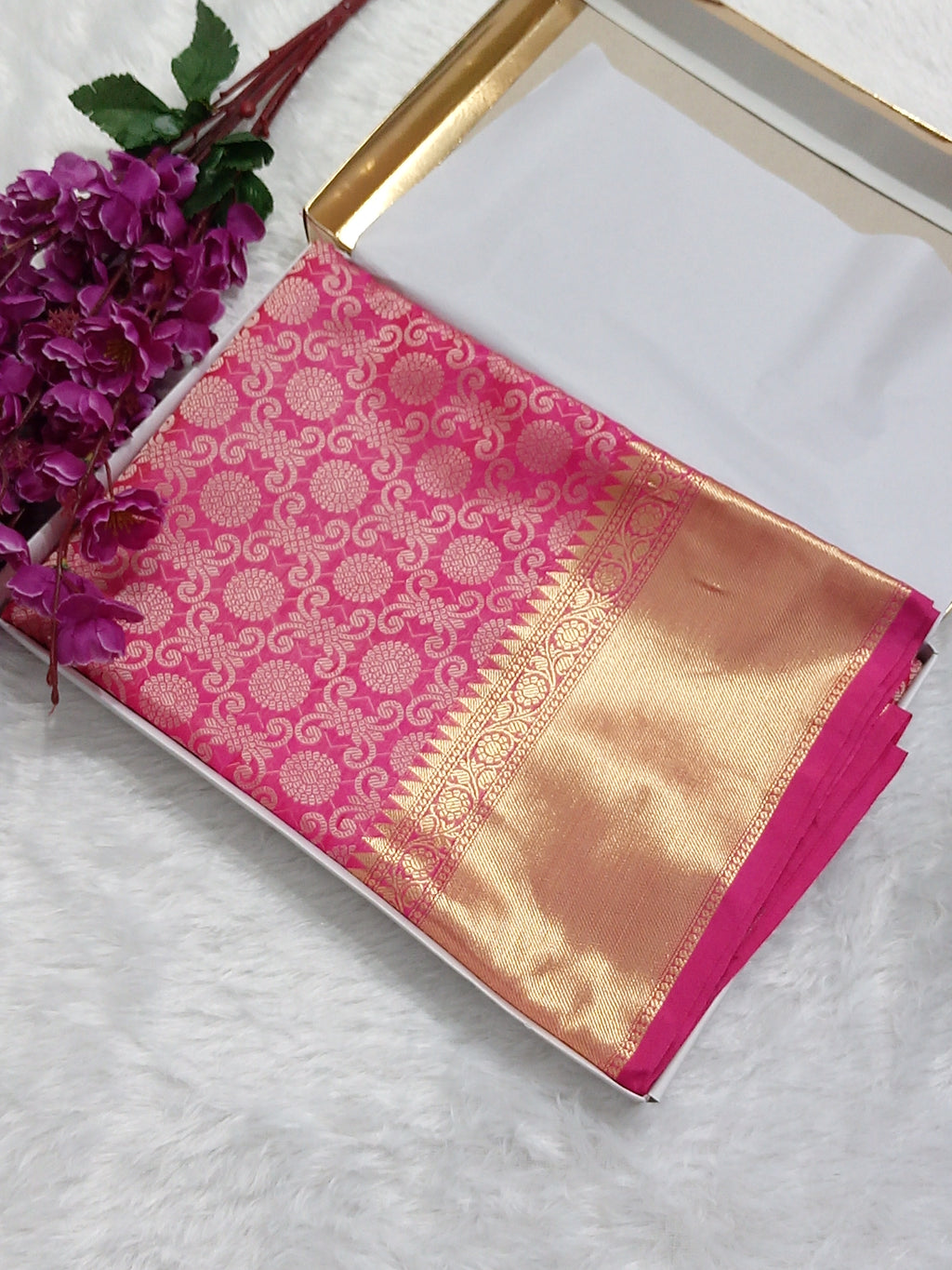 Pink Colour Zari Border Banarasi Semi Katan Brocade Saree