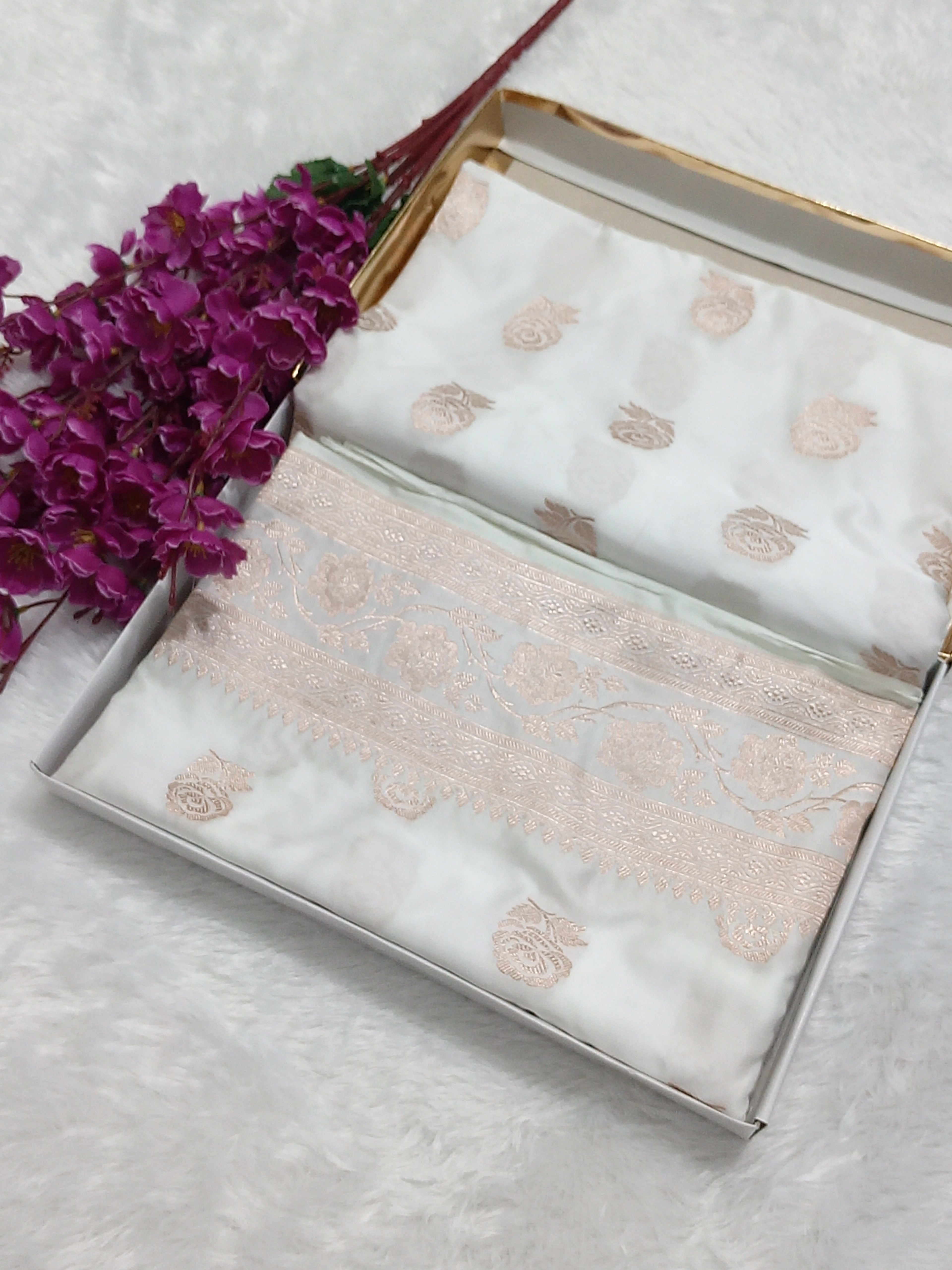 Rose Buta Mashru Silk Saree Pure White