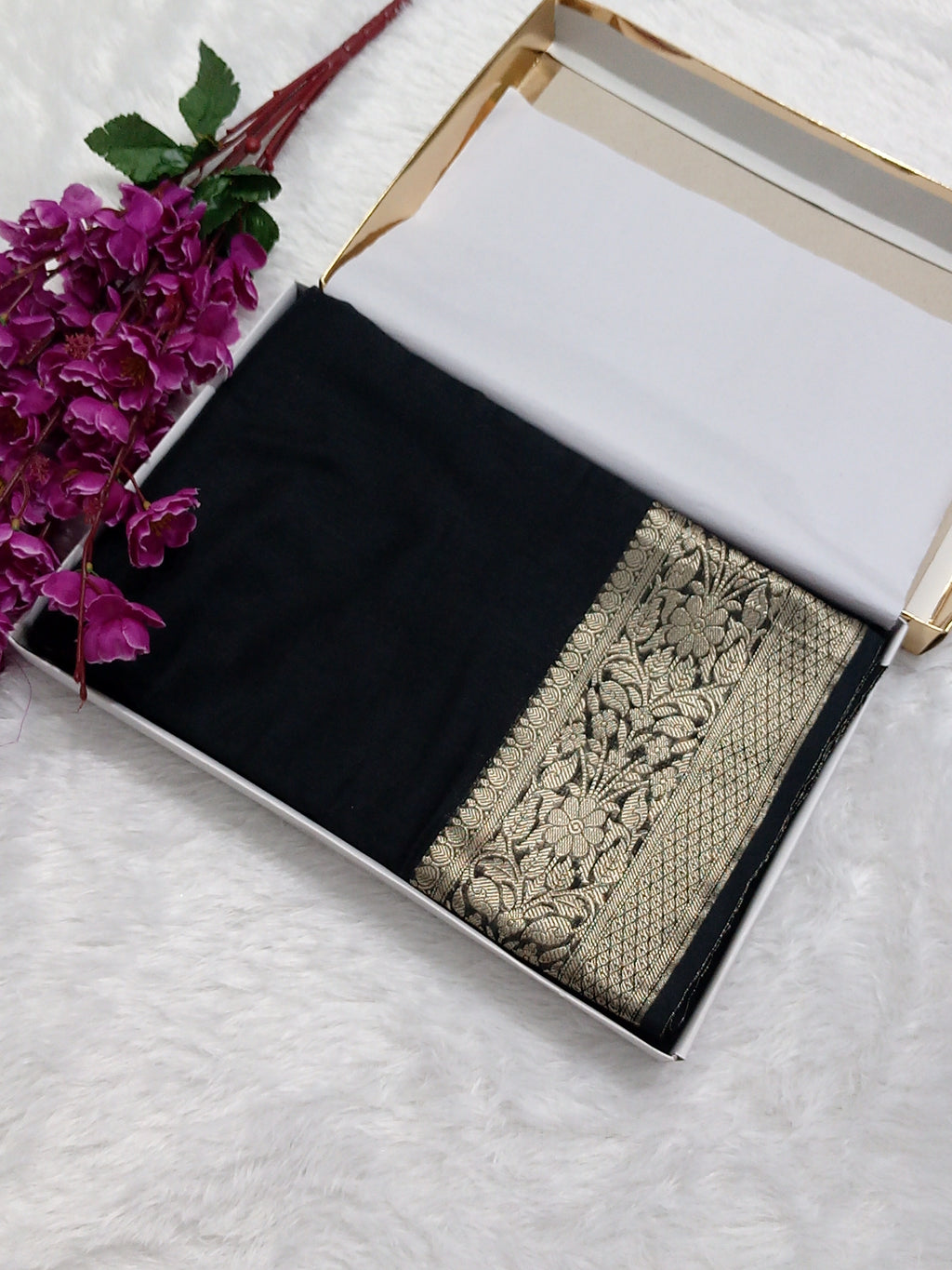 Jet Black Banarasi Semi Dupion Plain Body Saree