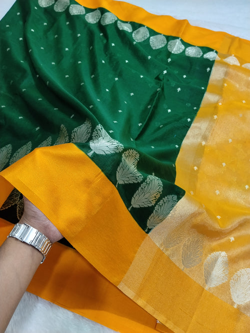Bottle Green Colour And Yellow Party Wear Soft Warm Silk Saree