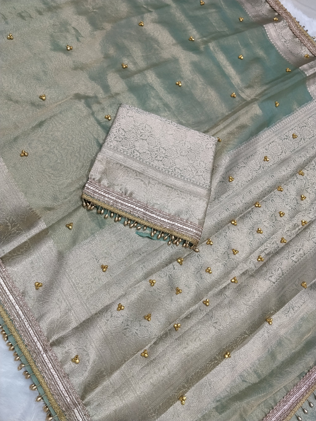 Viral Ghungroo Saree Light Sea Green Colour Tissue Plain Body Saree With Ghungroo And Gota Patti Work