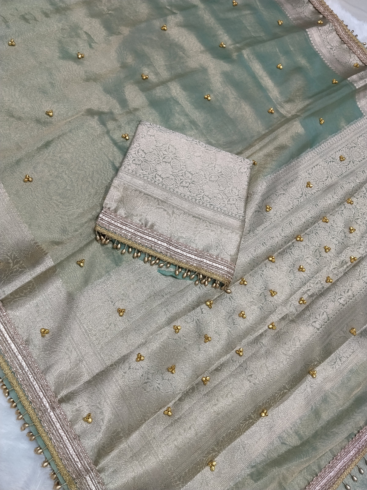 Viral Ghungroo Saree Light Sea Green Colour Tissue Plain Body Saree With Ghungroo And Gota Patti Work