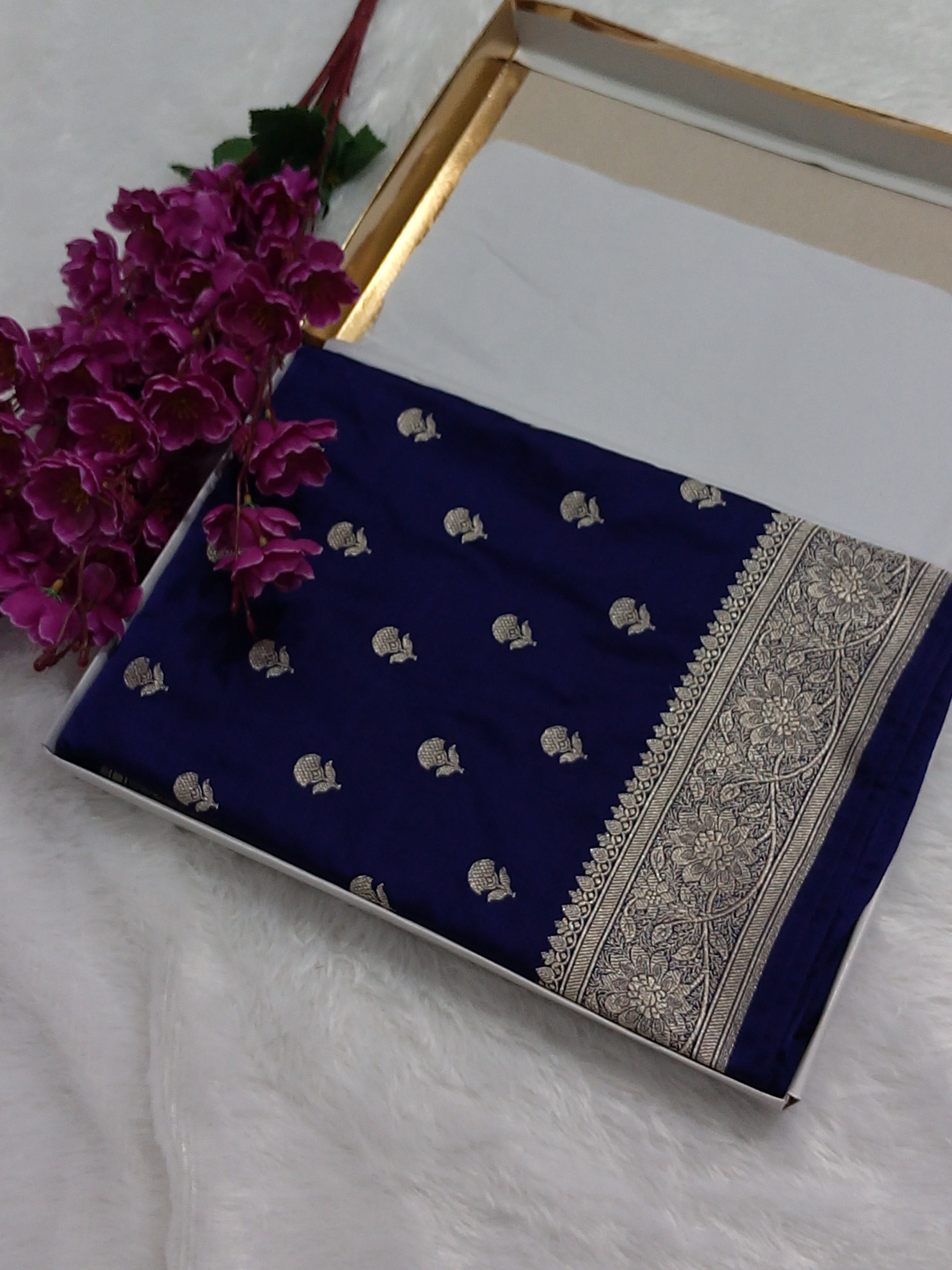 Navy Blue Color Banarasi Mashru Silk Saree