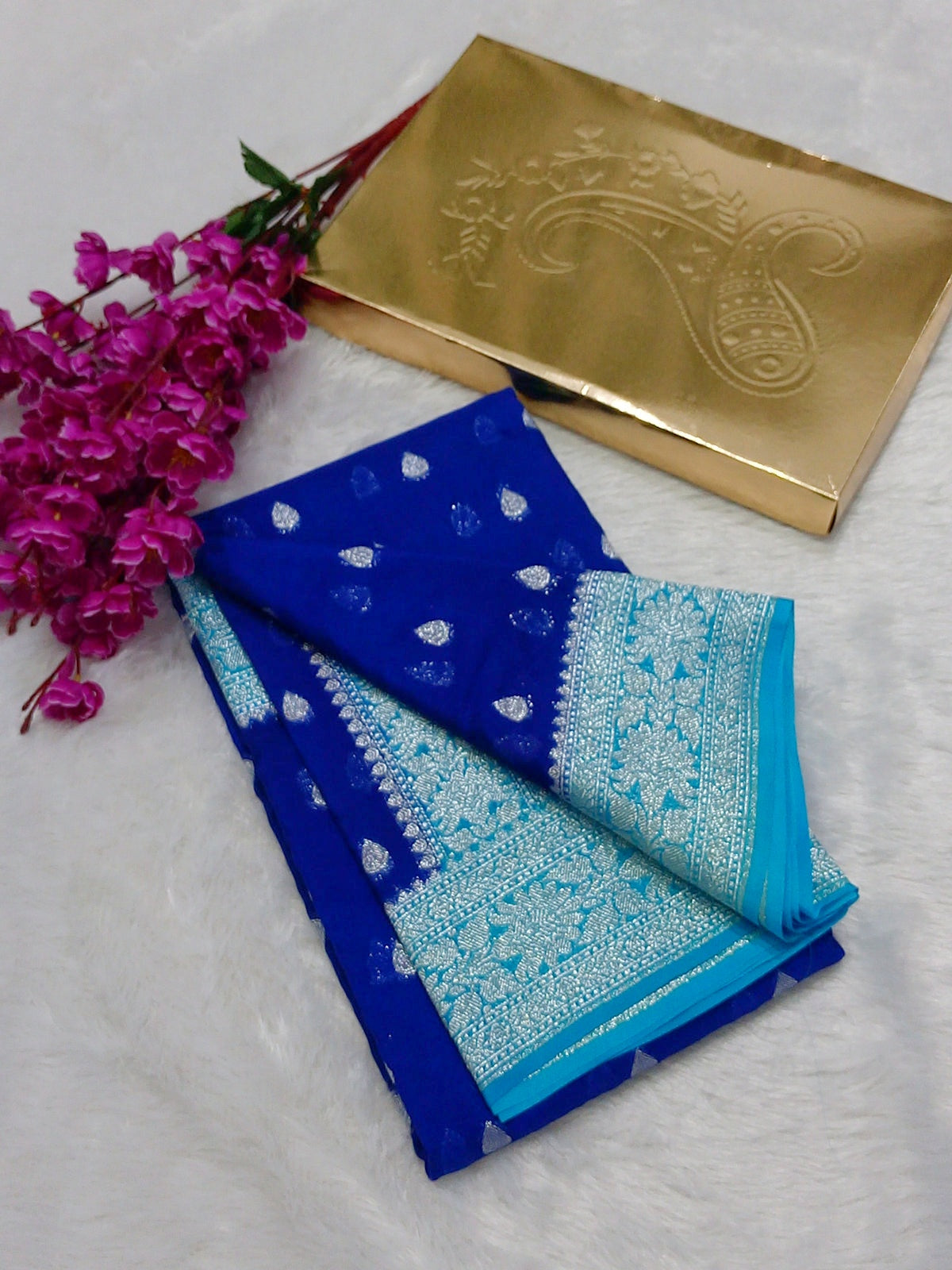 Royal Blue And Sky Blue Colour Zari Buti Khaddi Georgette Saree