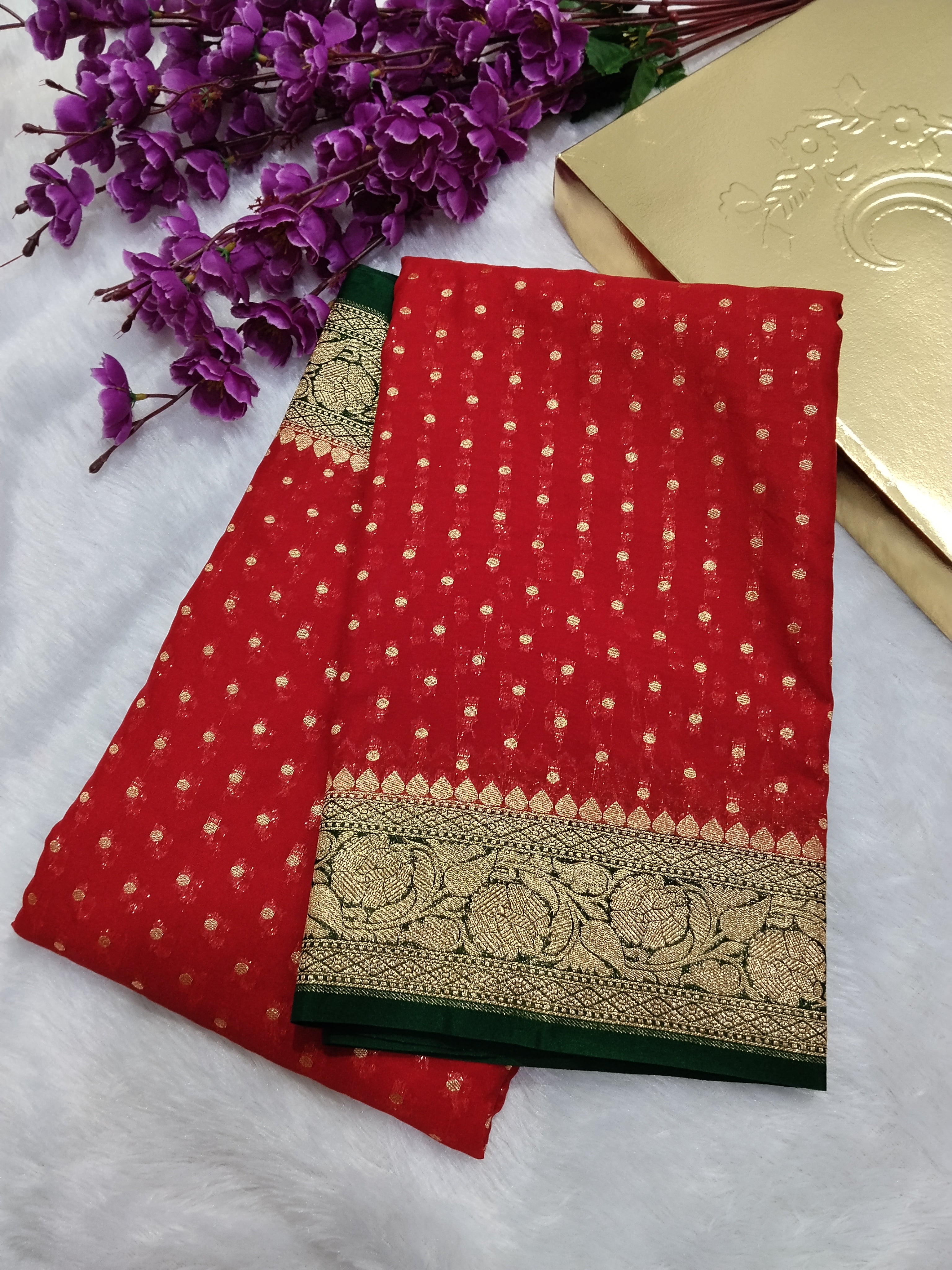 Red And Bottle Green Gold Zari Khaddi Georgette Saree