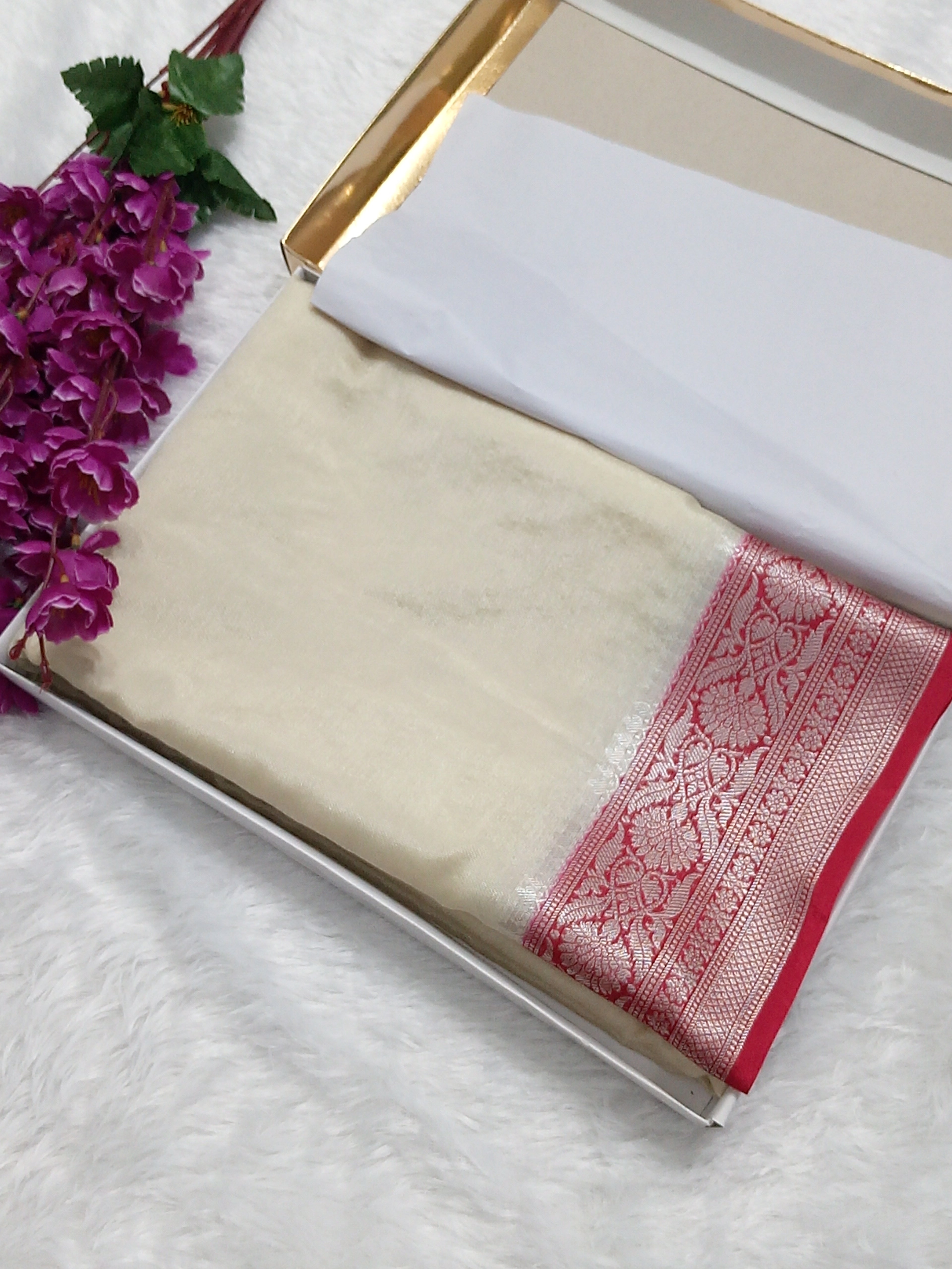 Cream And Red Colour Plain Body Warm Silk Saree
