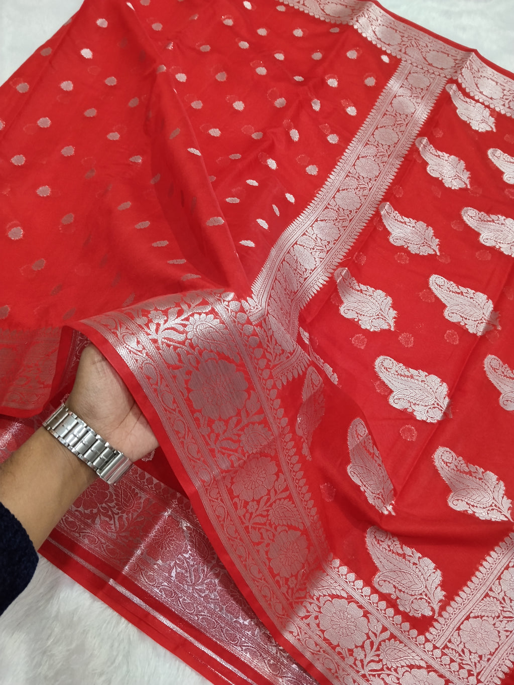 Red Colour Silver Zari Khaddi Georgette Saree