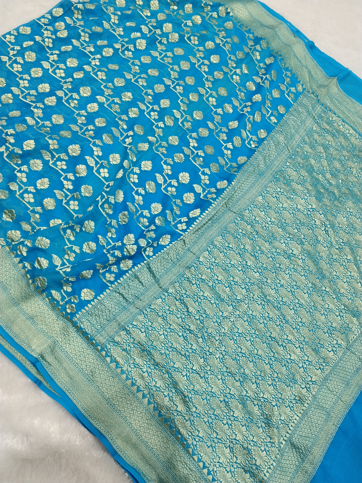 Sky Blue Colour Handloom Pure Banarasi Khaddi Georgette Saree Water Zari