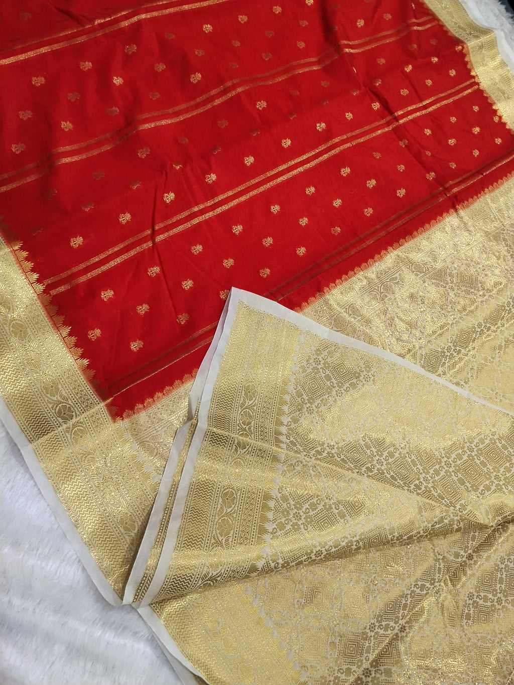 Red And Cream Colour Kanjivaram Border Moonga Silk Saree With Buti Work