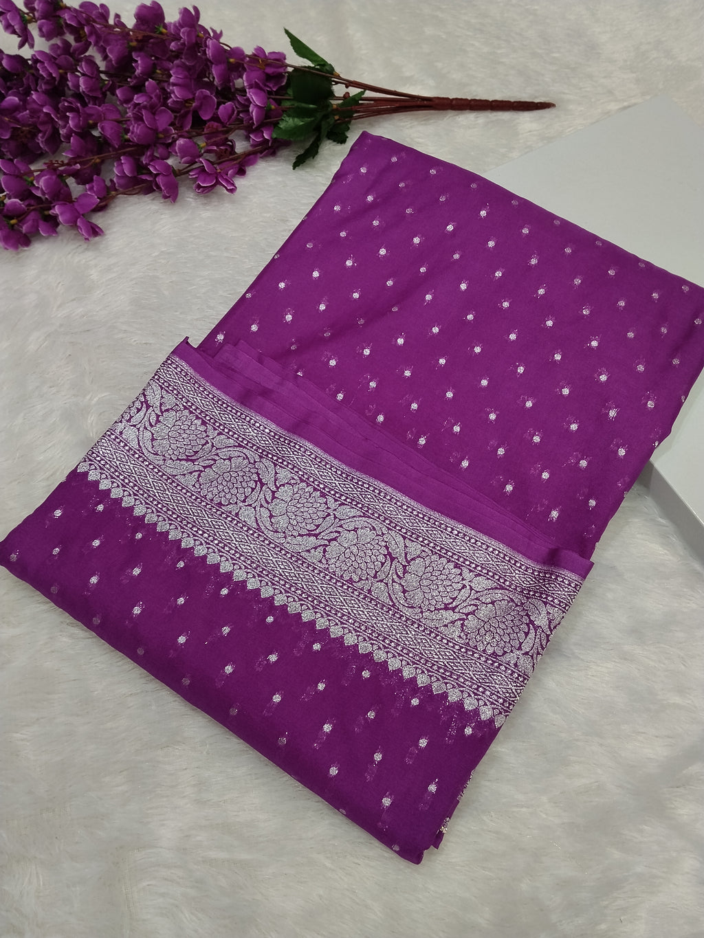 Purple Red Colour Banarasi Khaddi Georgette Saree Small Buti