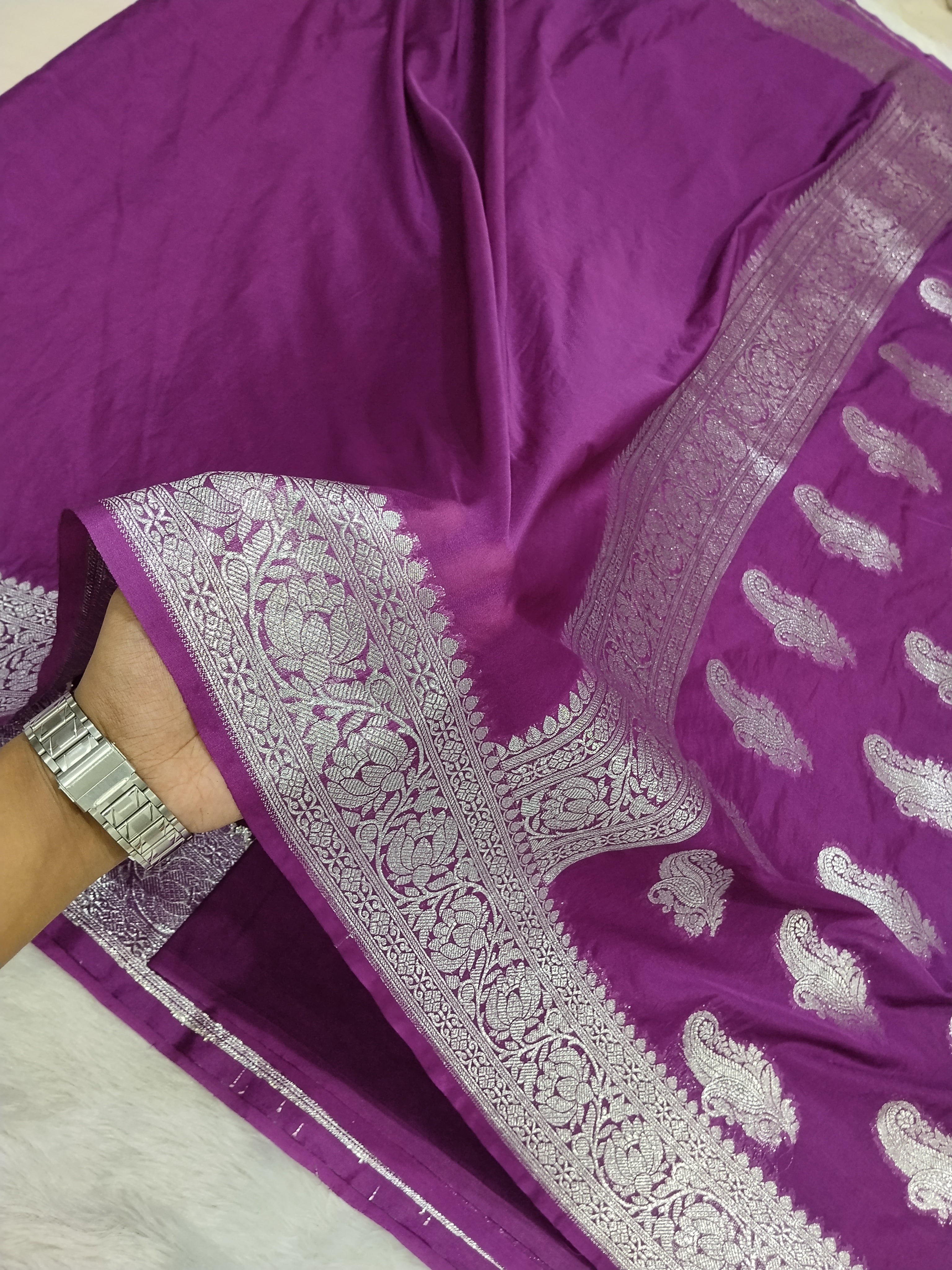 Purple Colour Silver Zari Plain Body Khaddi Georgette Saree
