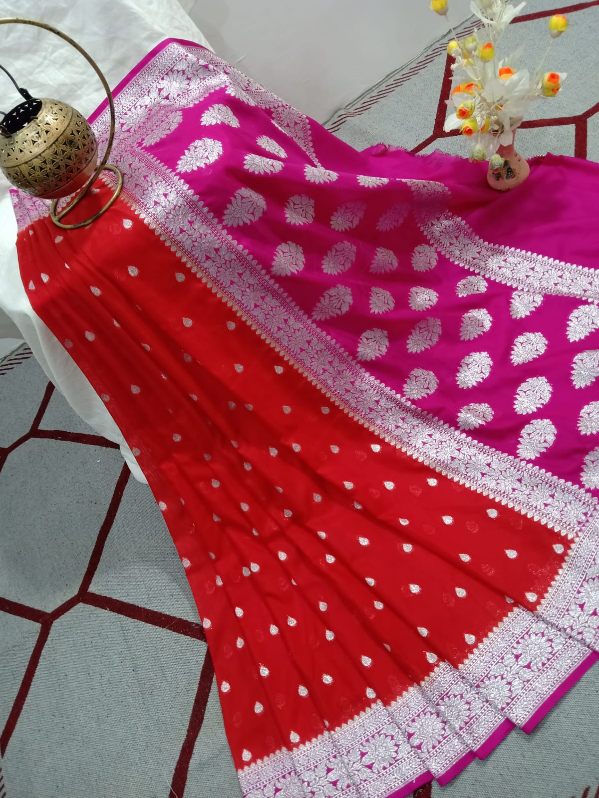 Red And Pink Banarasi Katan Georgette Saree