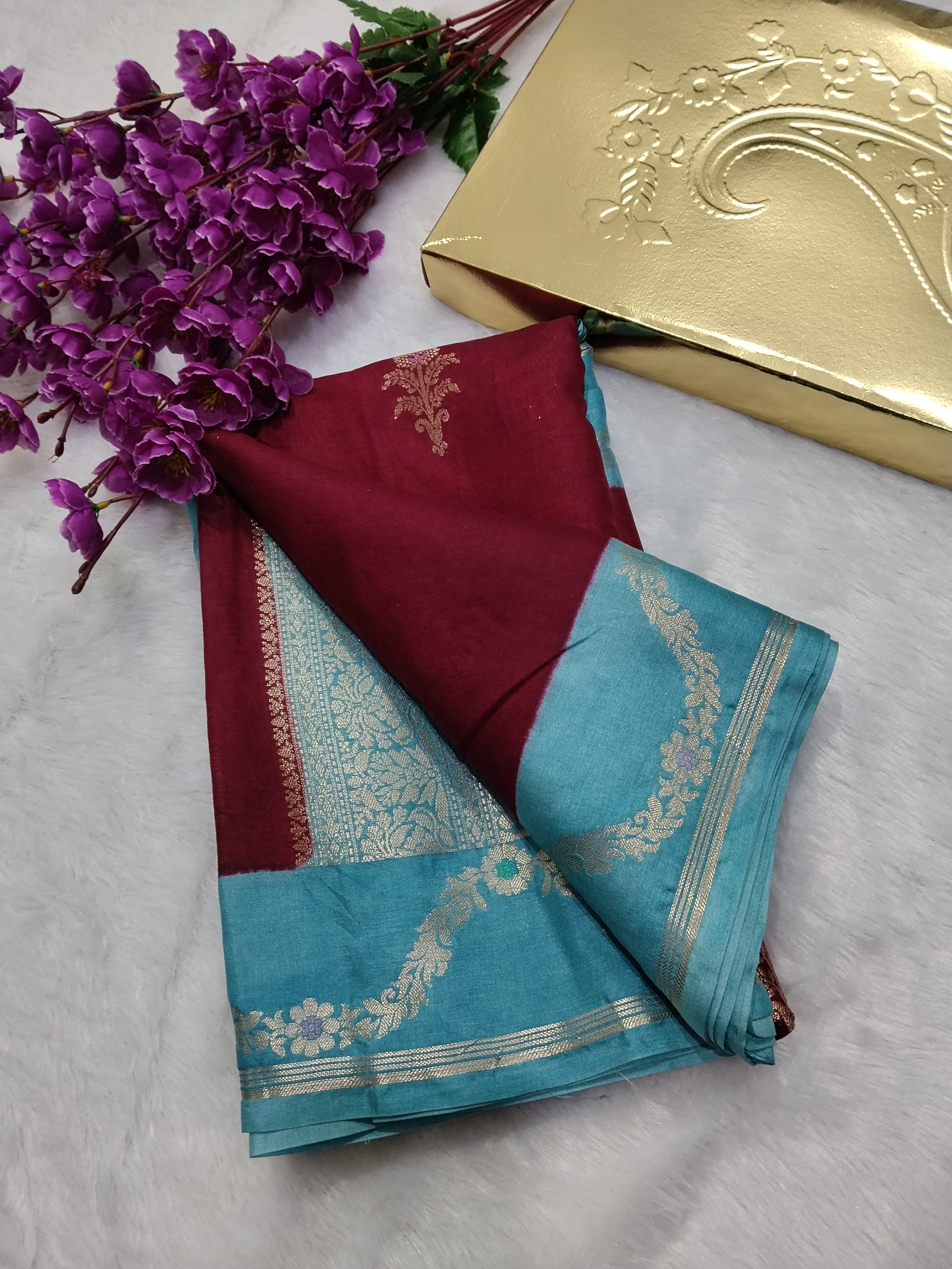Maroon And Blue Banarasi Moonga Silk Saree