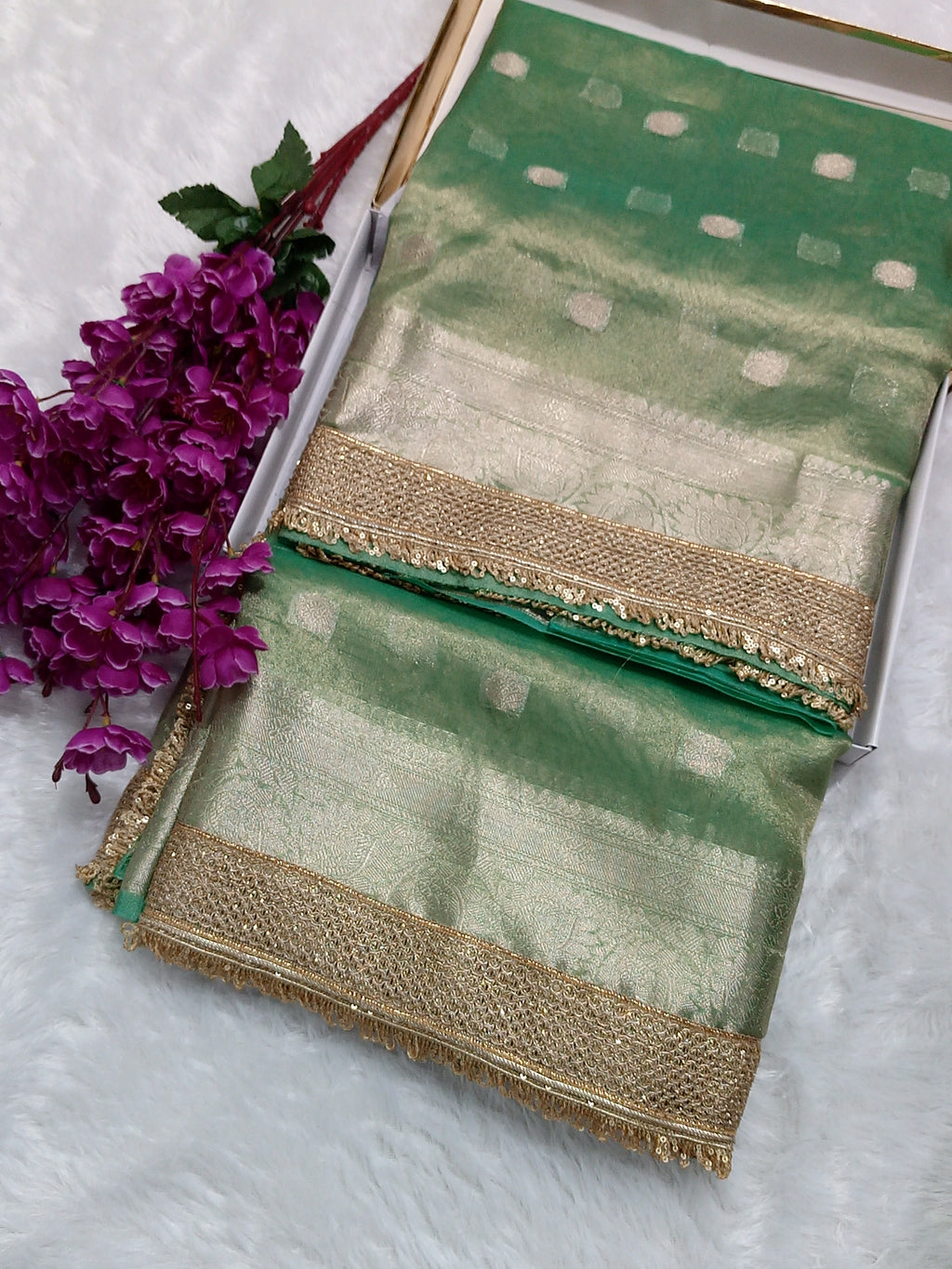 Sea Green Colour Kora Organza Tissue Saree With Gota Patti Work