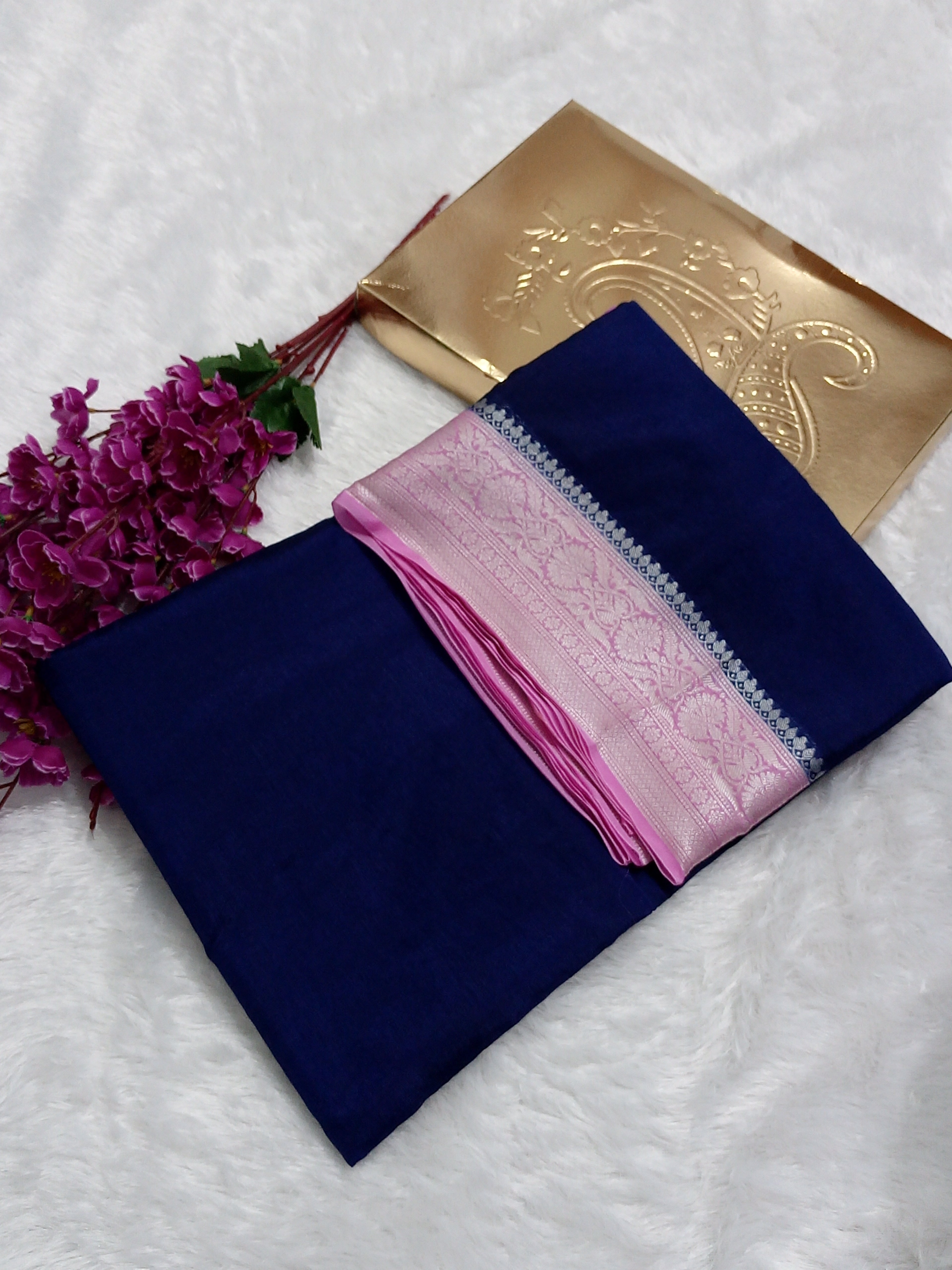 Navy Blue And Pink Colour Plain Body Warm Silk Saree