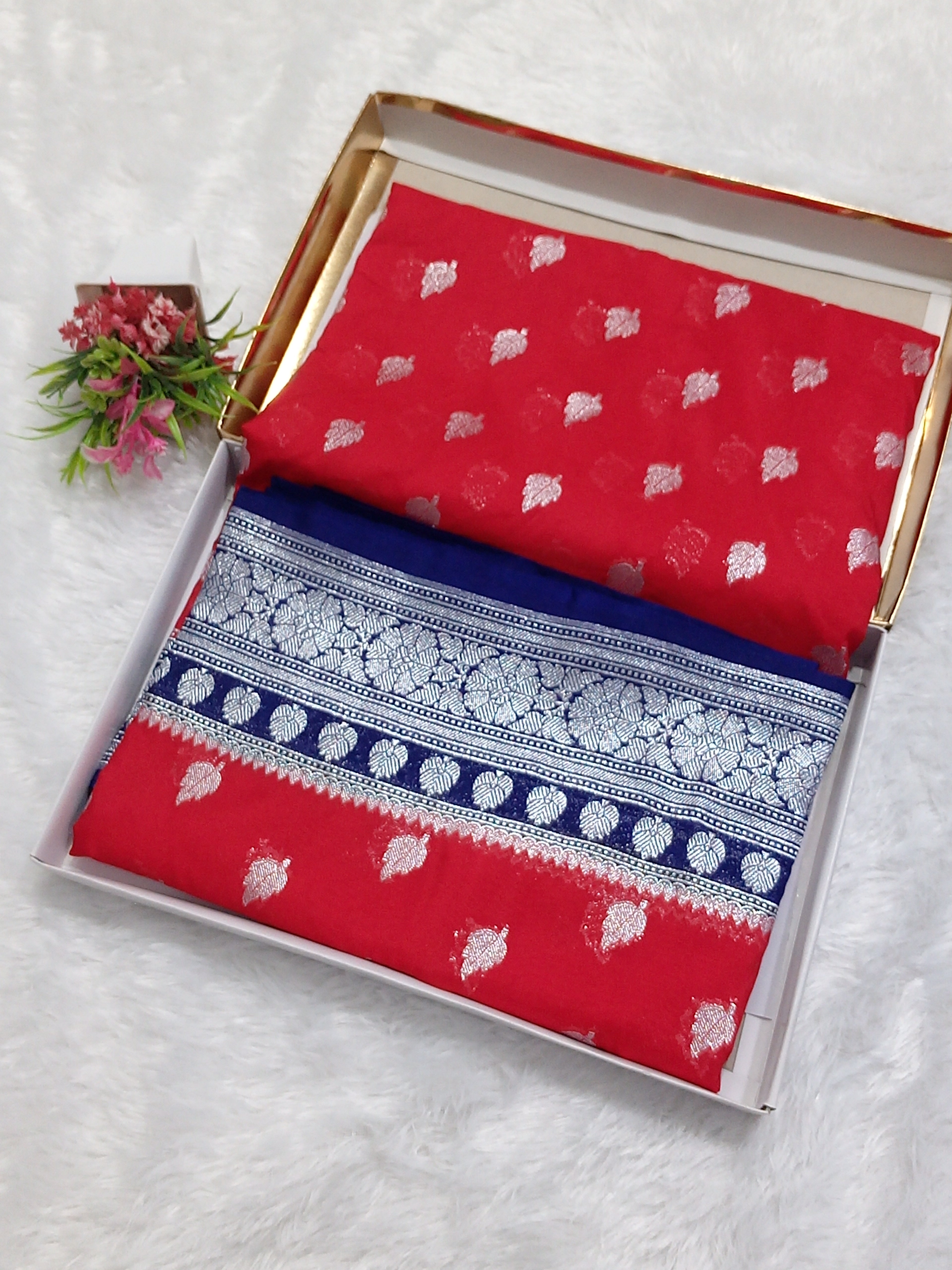 Red And Blue Khaddi Georgette Saree