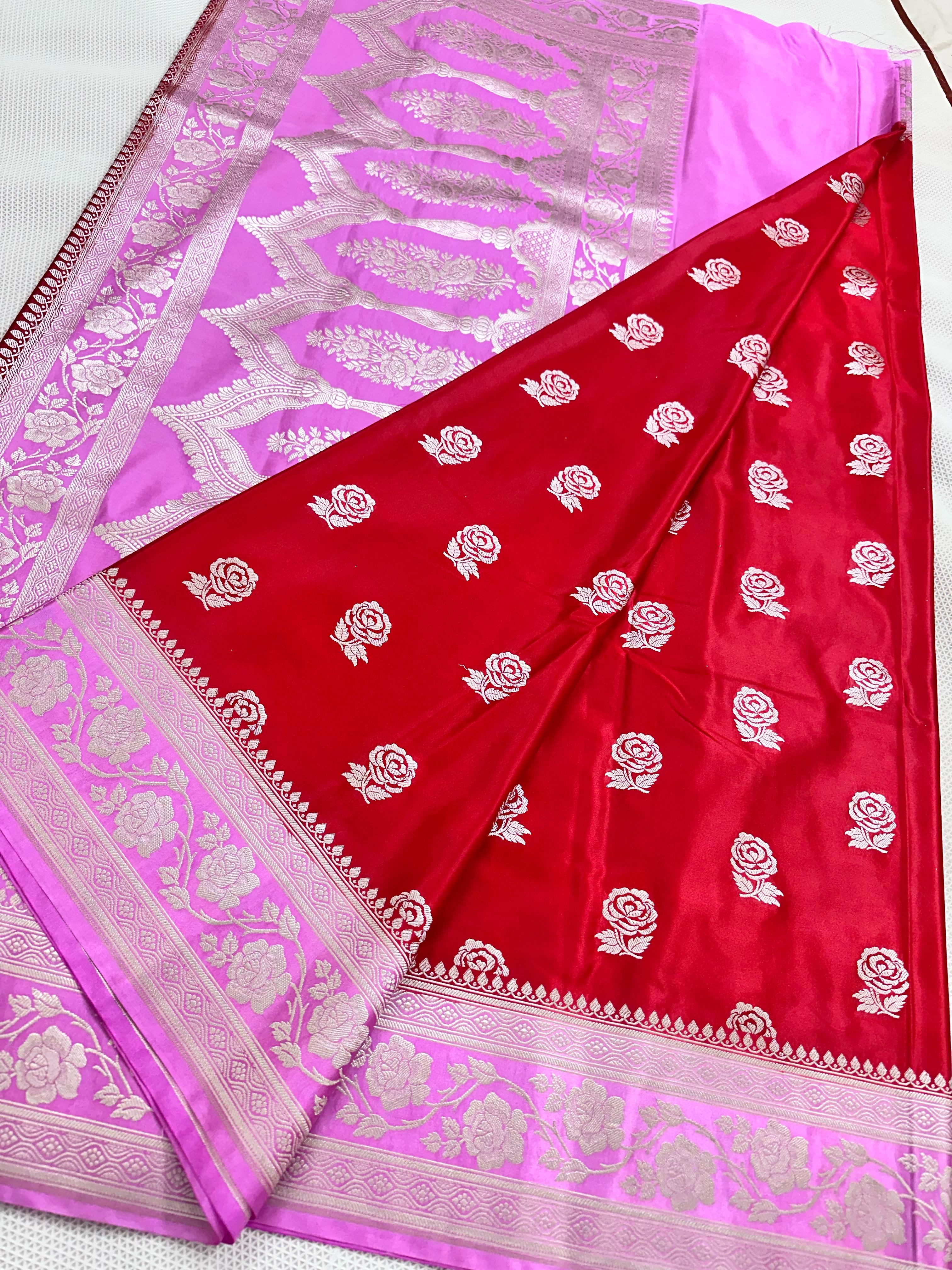 Red And Baby Pink Colour Banarasi Mashru Silk Saree