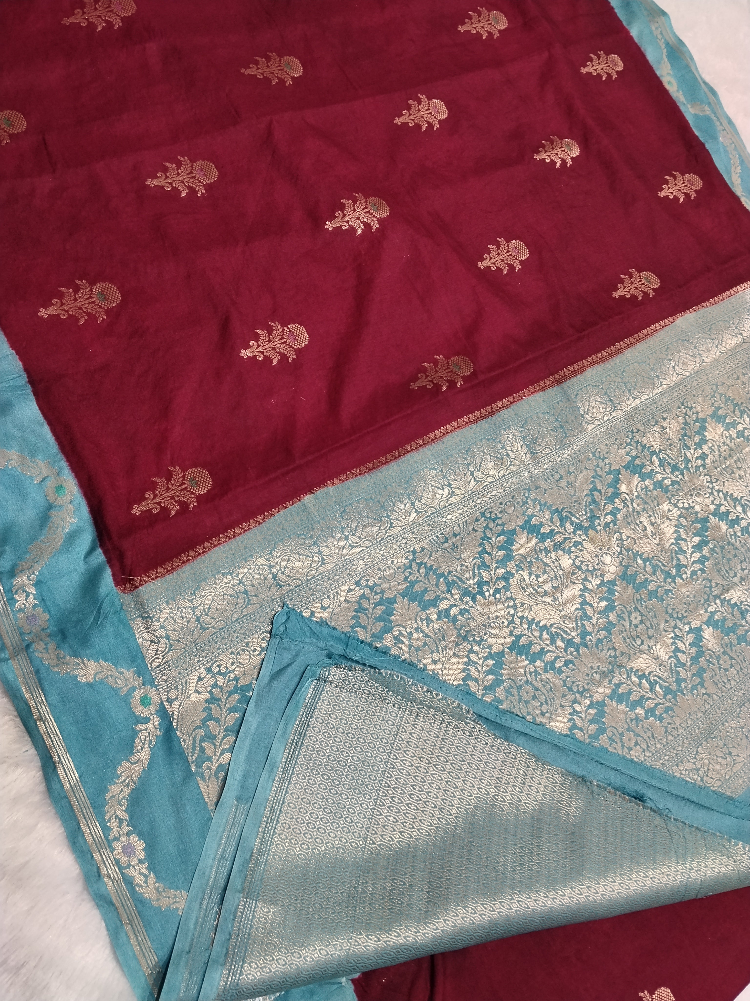 Maroon And Blue Banarasi Moonga Silk Saree