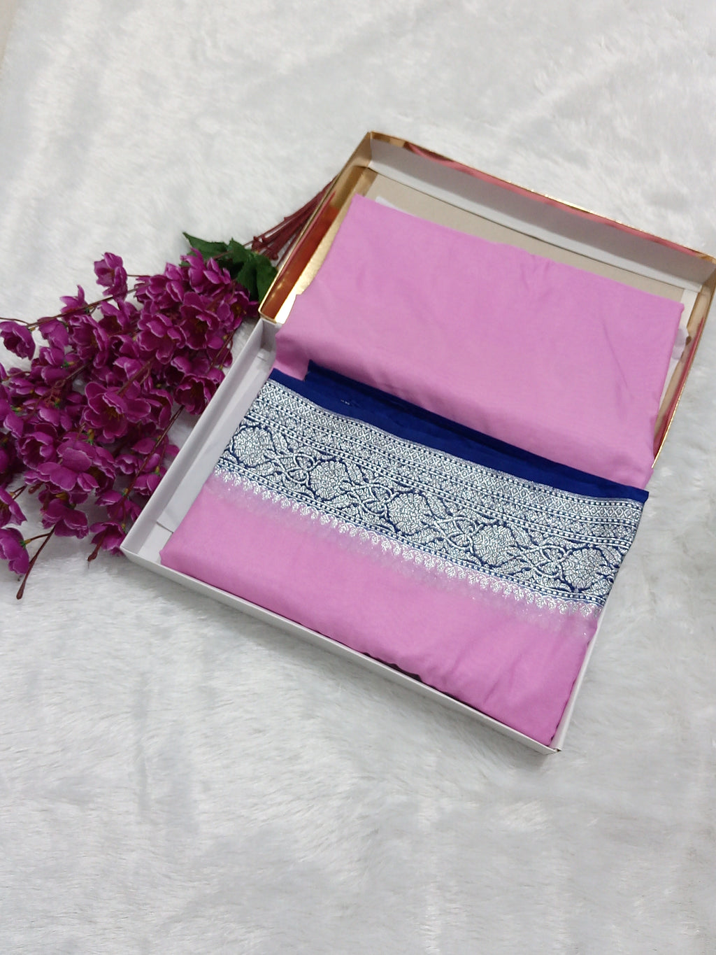 Baby Pink And Blue Border Banarasi Semi Georgette Saree