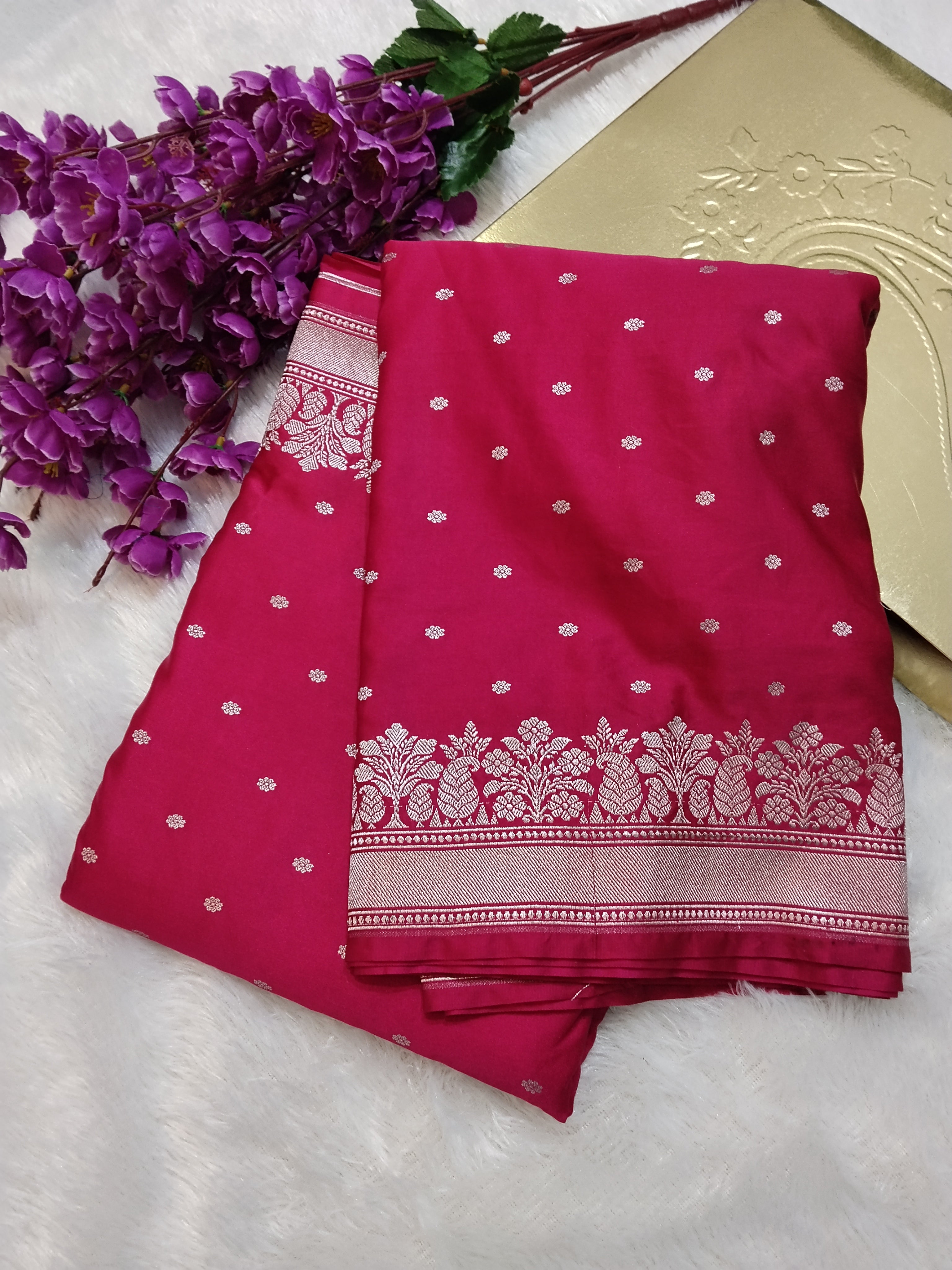 Solid Pink Colour Banarasi Mashru Silk Saree With Temple Border