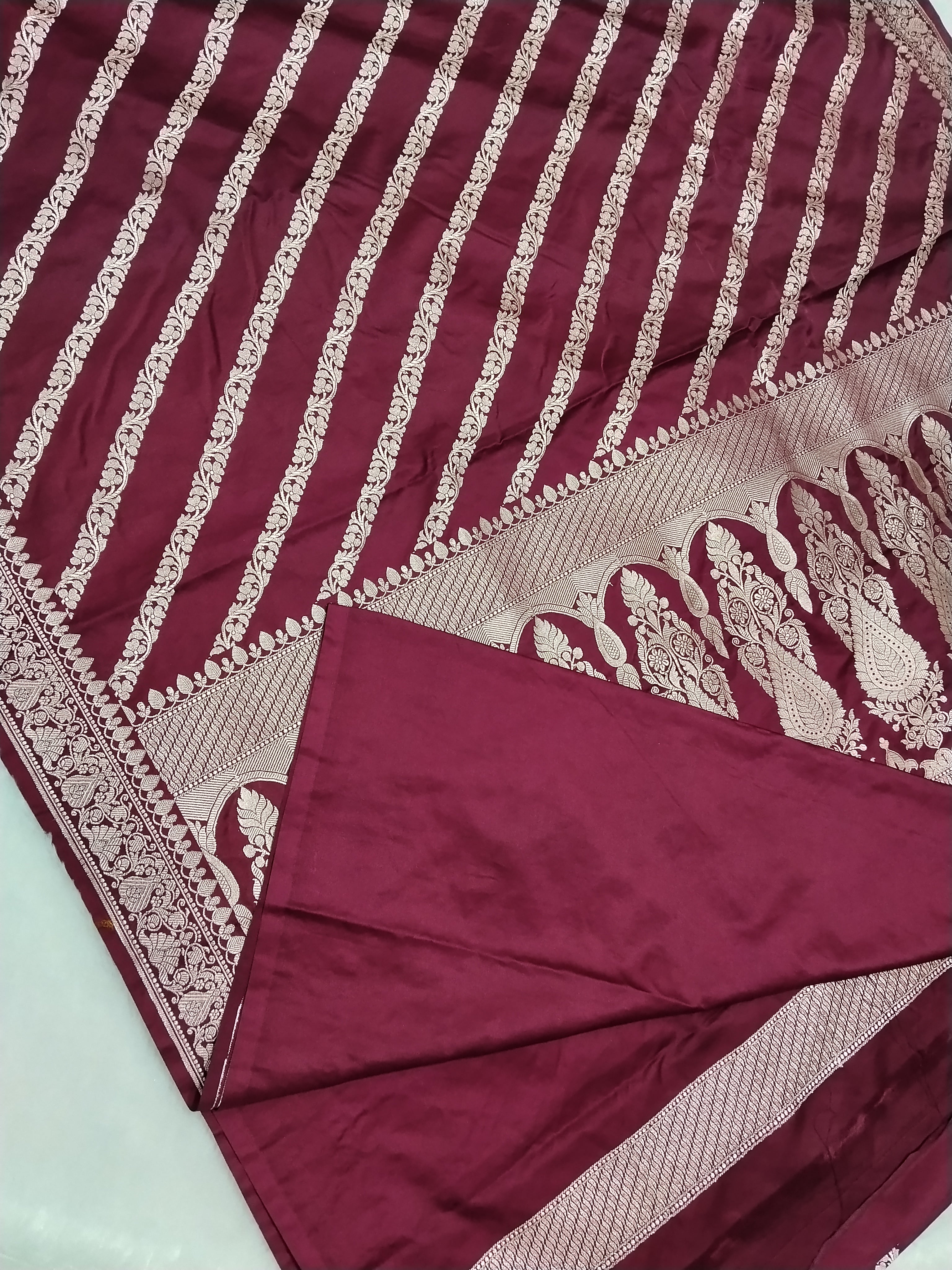 Maroon Colour Banarasi Mashru Silk Saree With Lahariya Design
