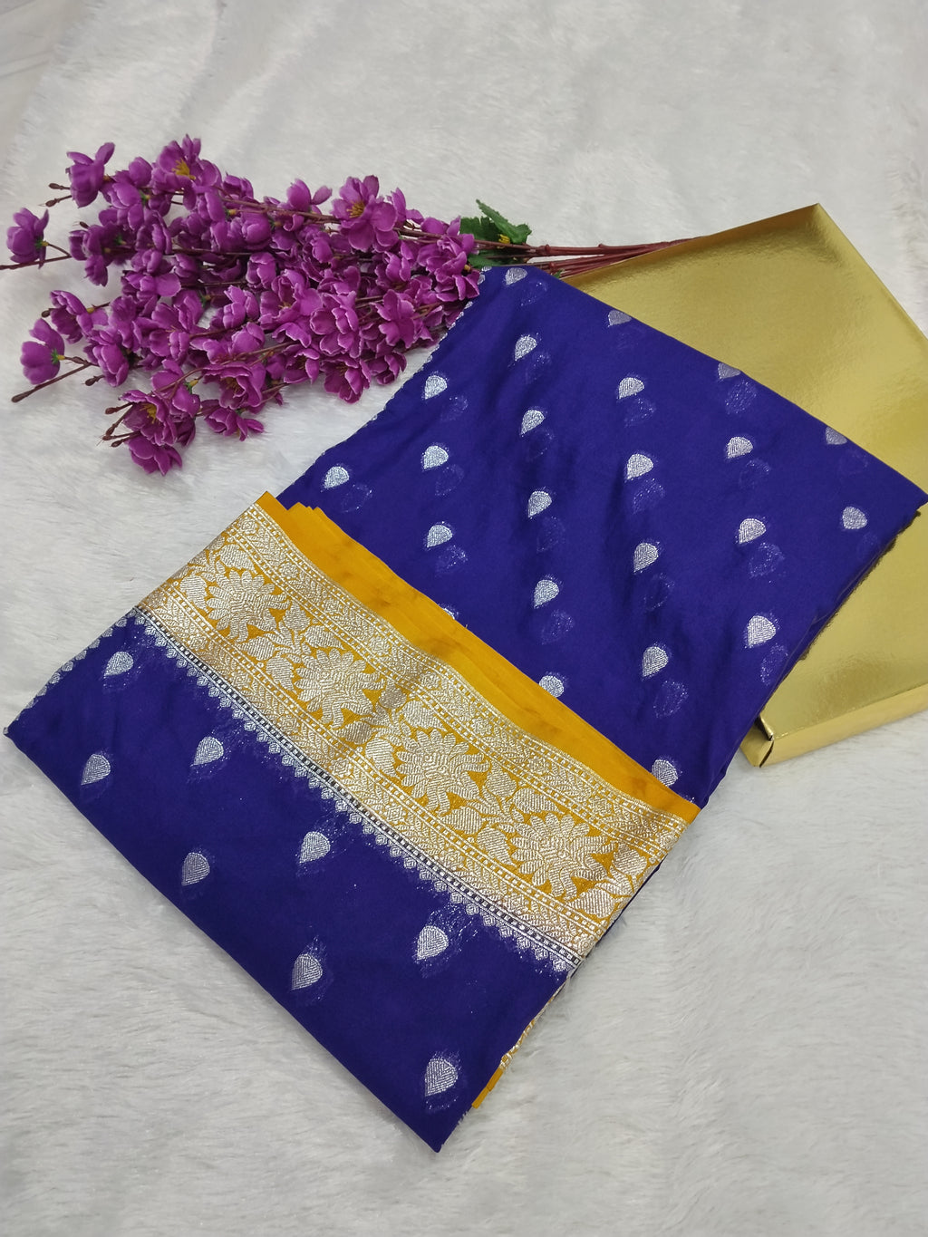 Violet And Yellow Colour Banarasi Khaddi Georgette Saree Small Buti