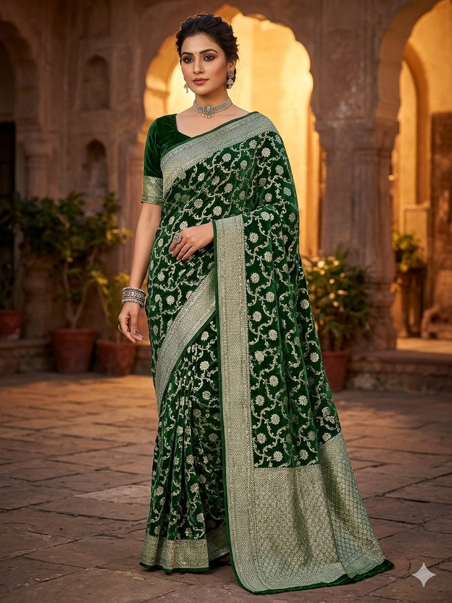 Bottle Green Colour Handloom Pure Banarasi Khaddi Georgette Saree Water Zari