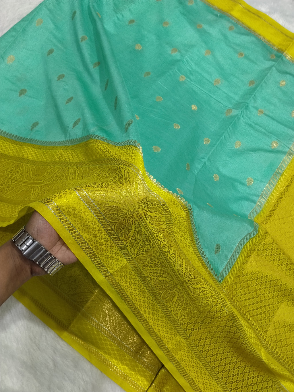 Sea Green And Lemon Colour Kanjivaram Border Moonga Silk Saree With Buti