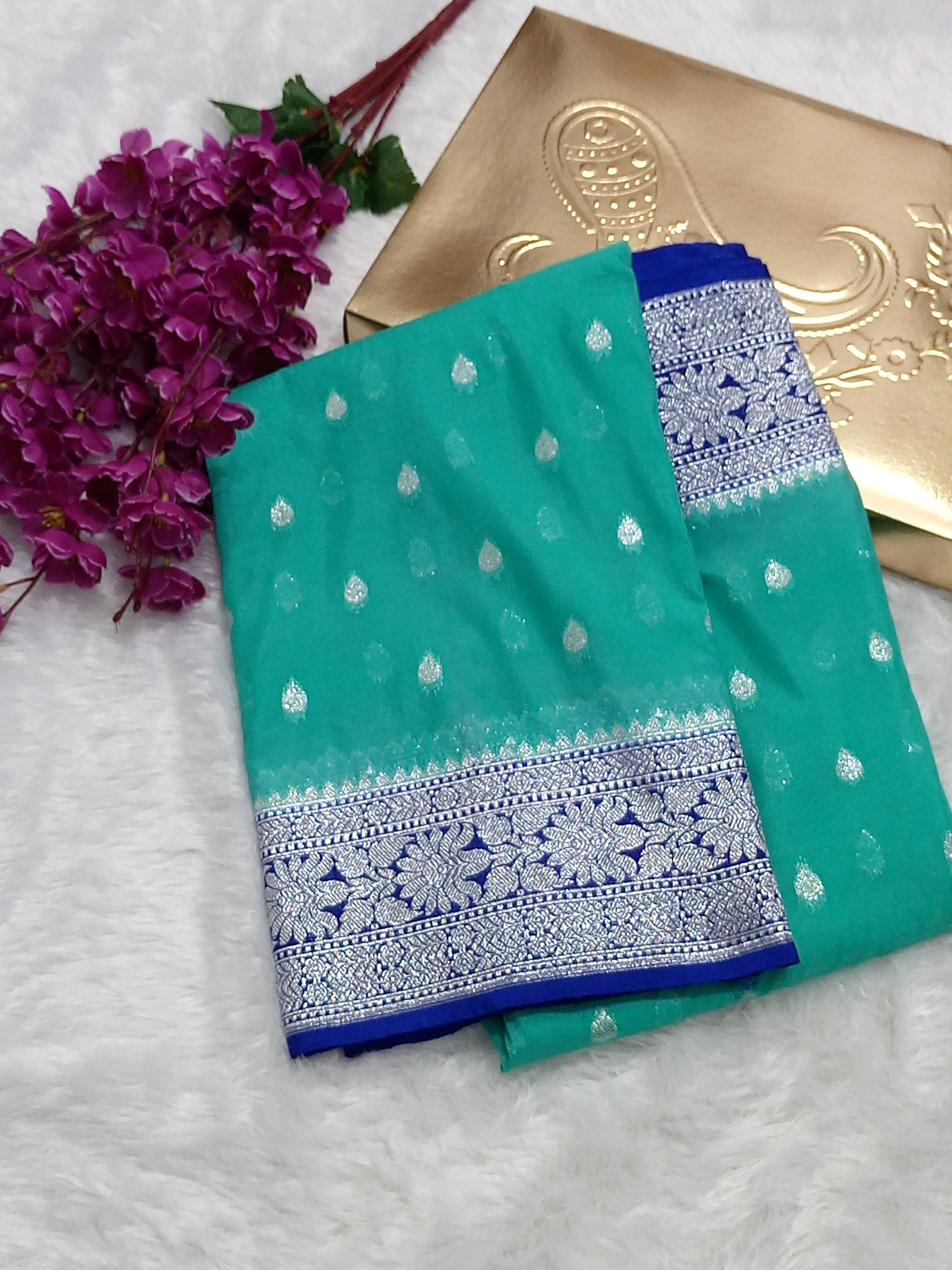 Sky Blue And Dark Blue Semi Georgette Saree