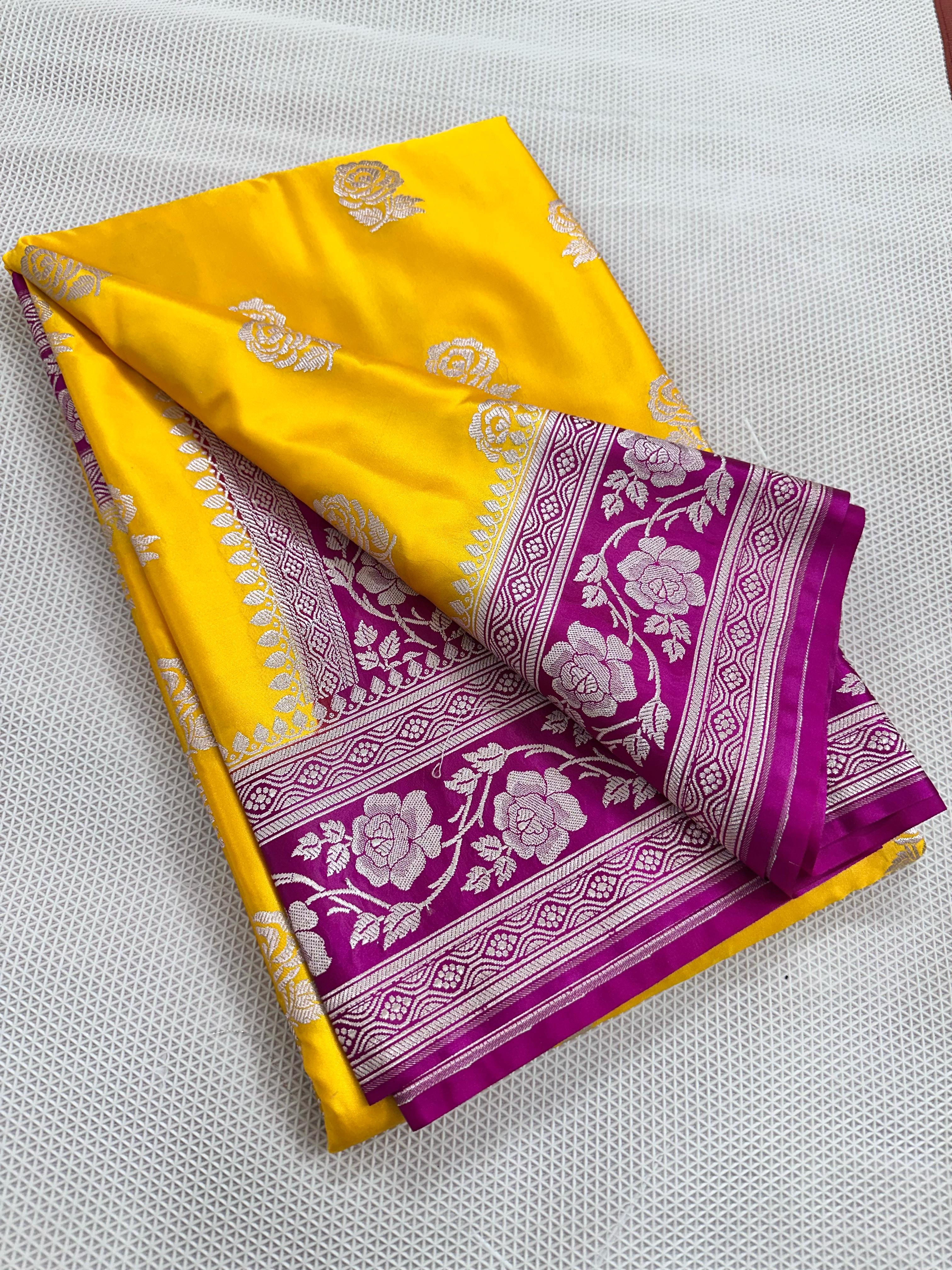 Yellow And Rani Pink Colour Banarasi Mashru Silk Saree